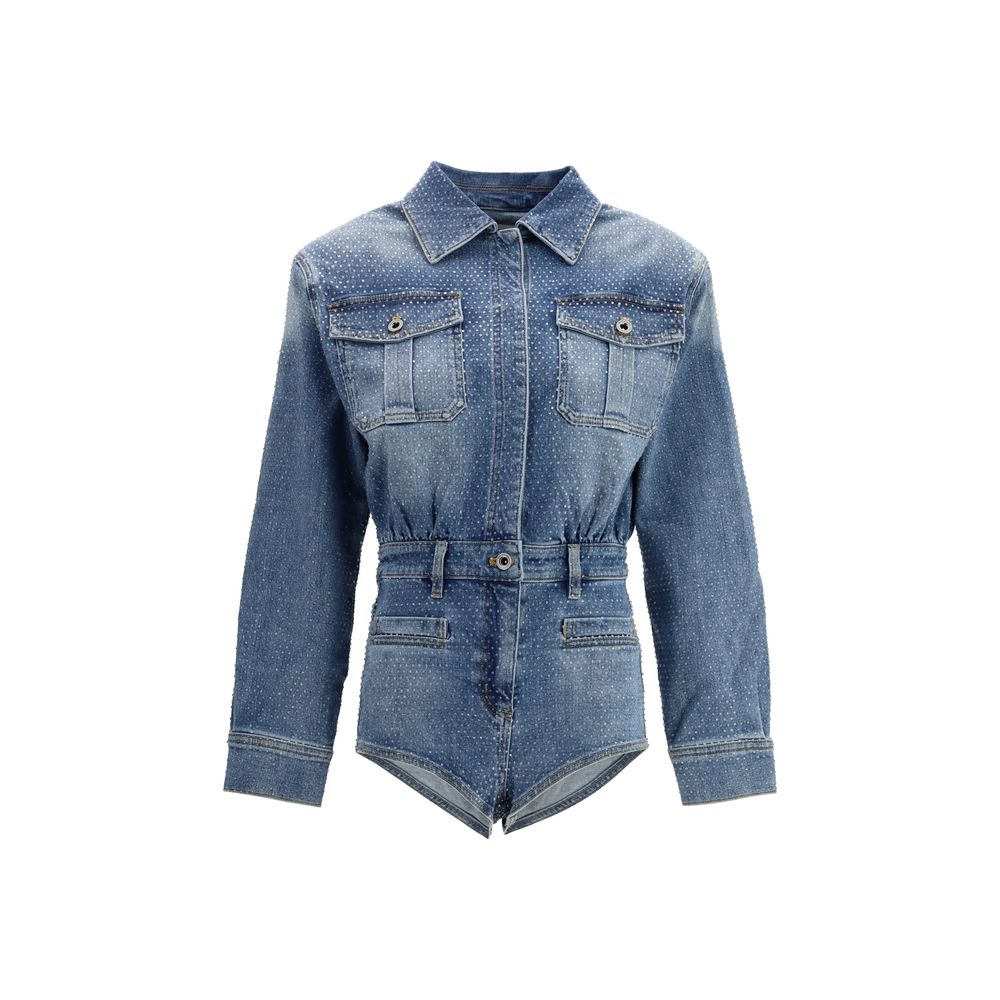 Rhinestone Denim Bodysuit — Blue