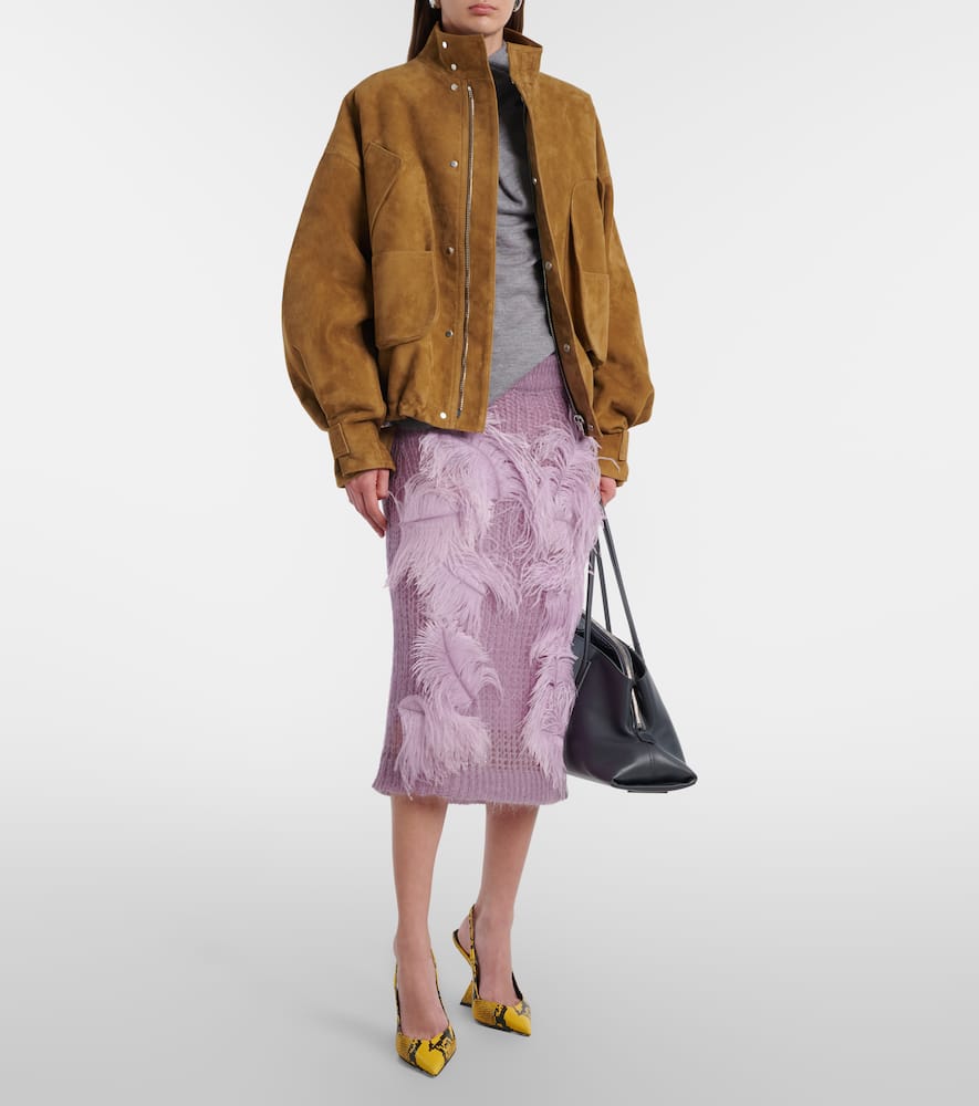 Feather-trimmed knitted midi skirt