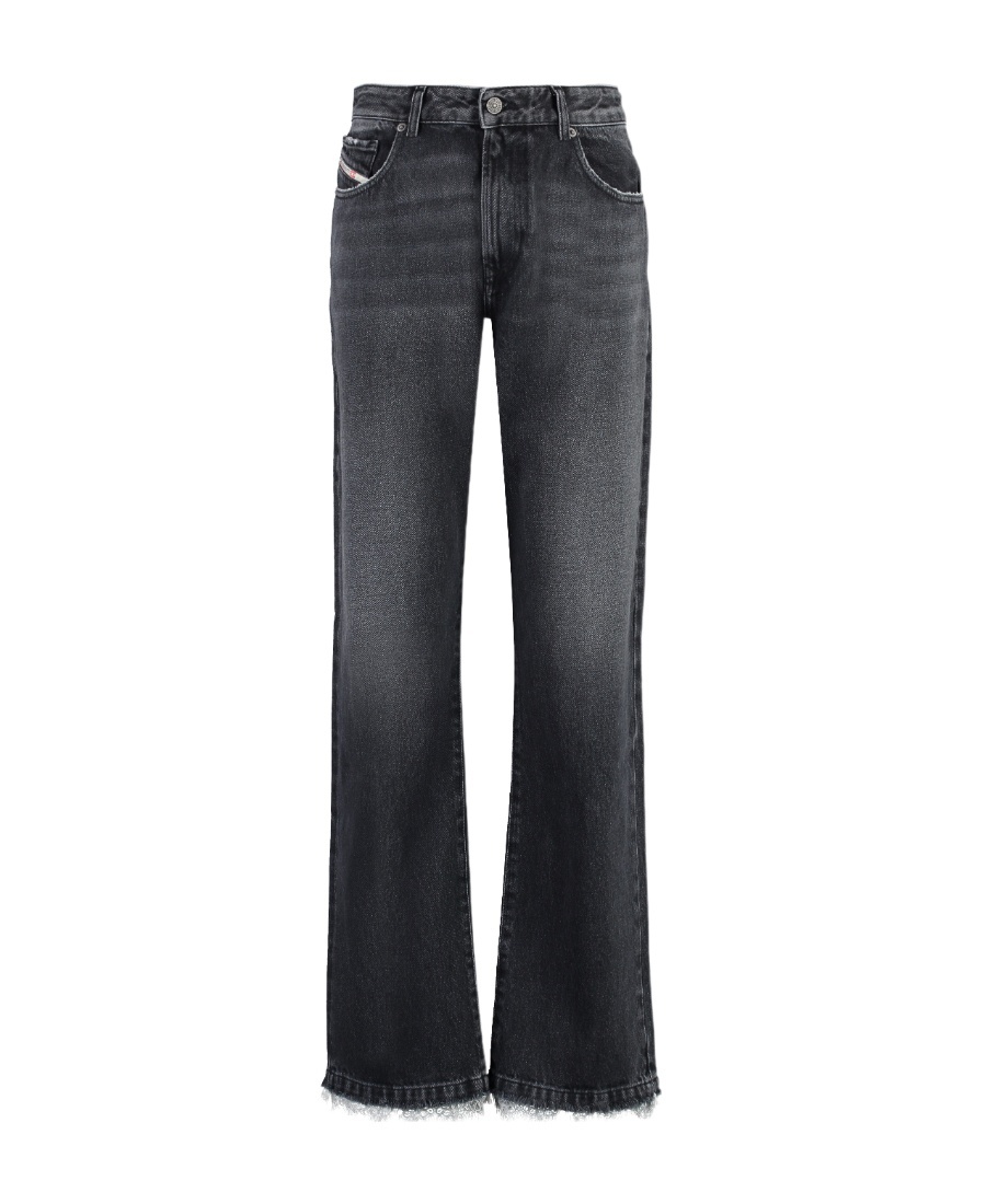 Wide-leg lace-trim jeans