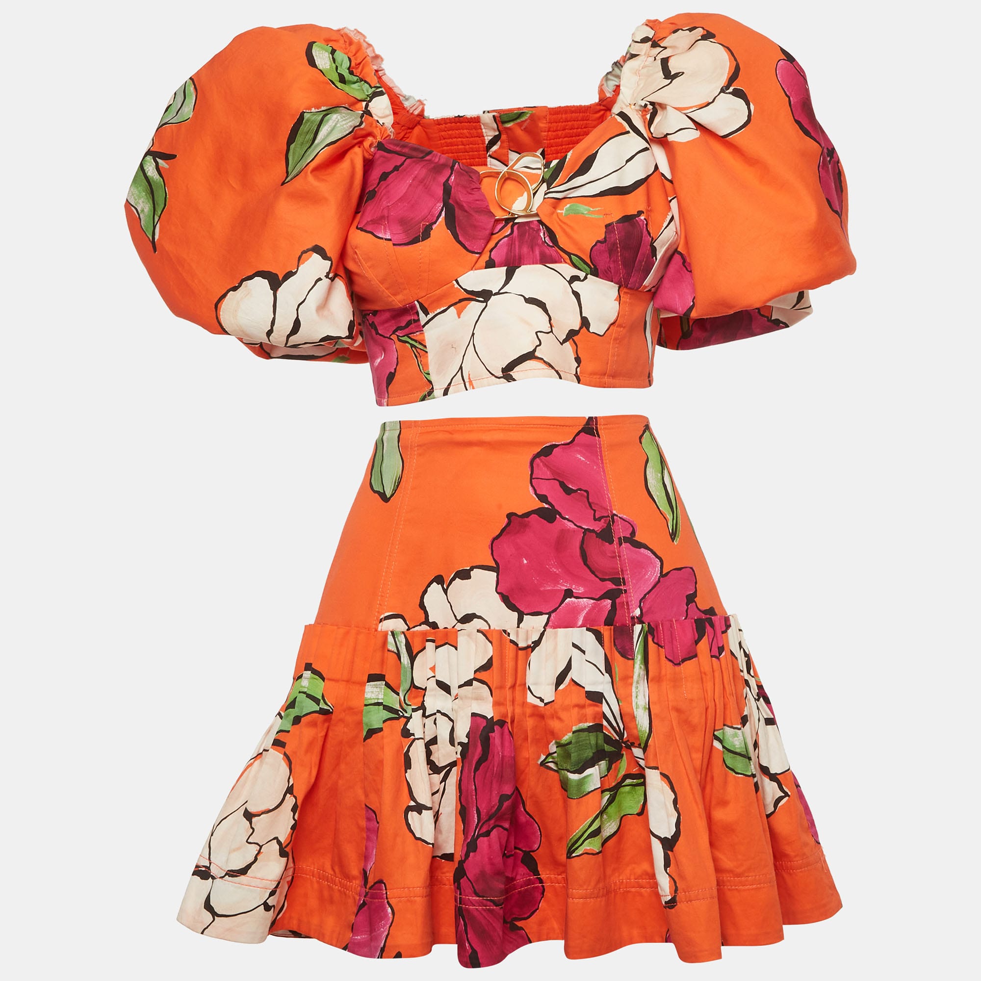 Aje Orange Camellia Print Cotton Marcel Crop Top & Niki Skirt Set