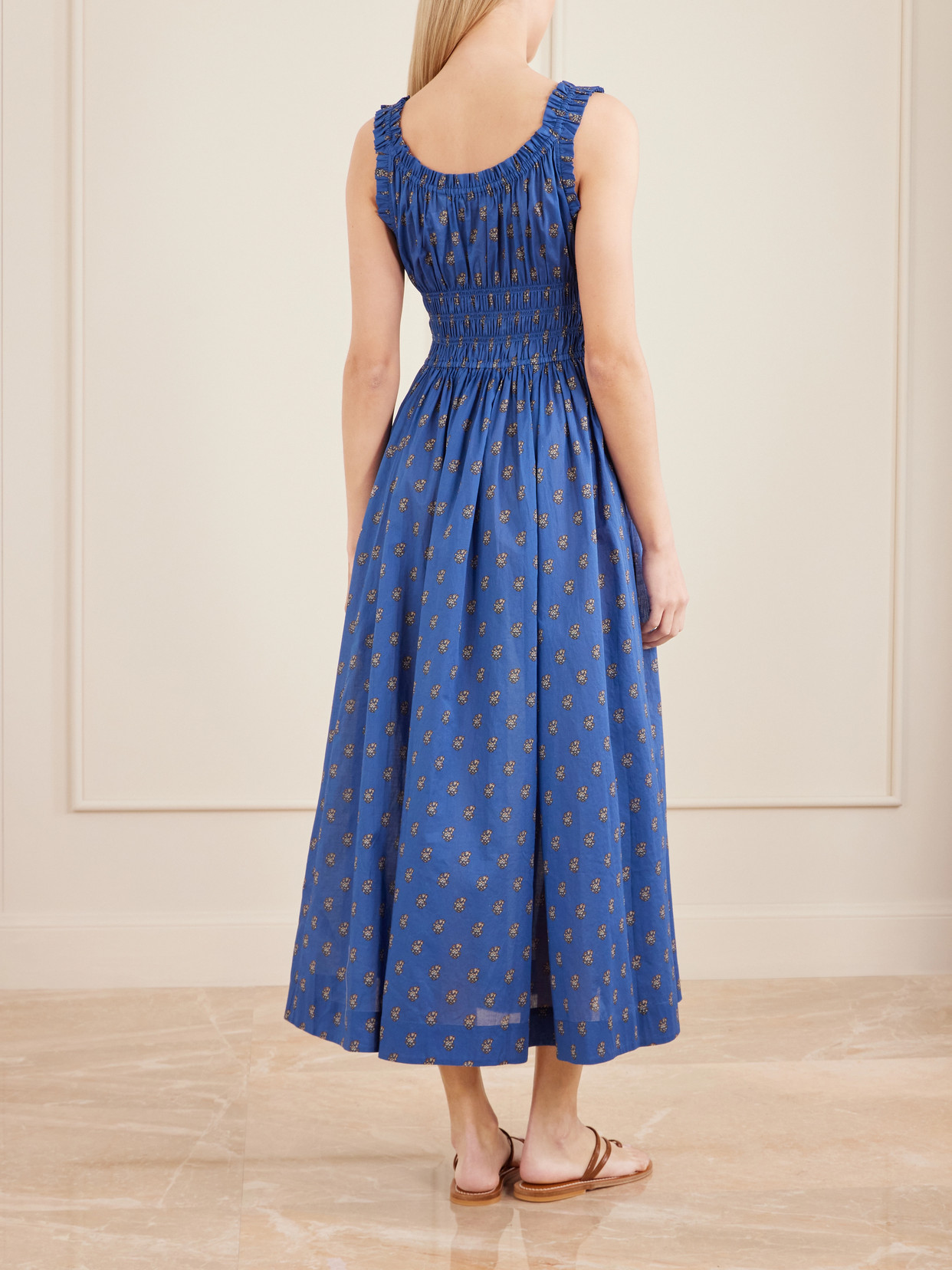 Emmaretta Shirred Floral-print Cotton Midi Dress - Blue