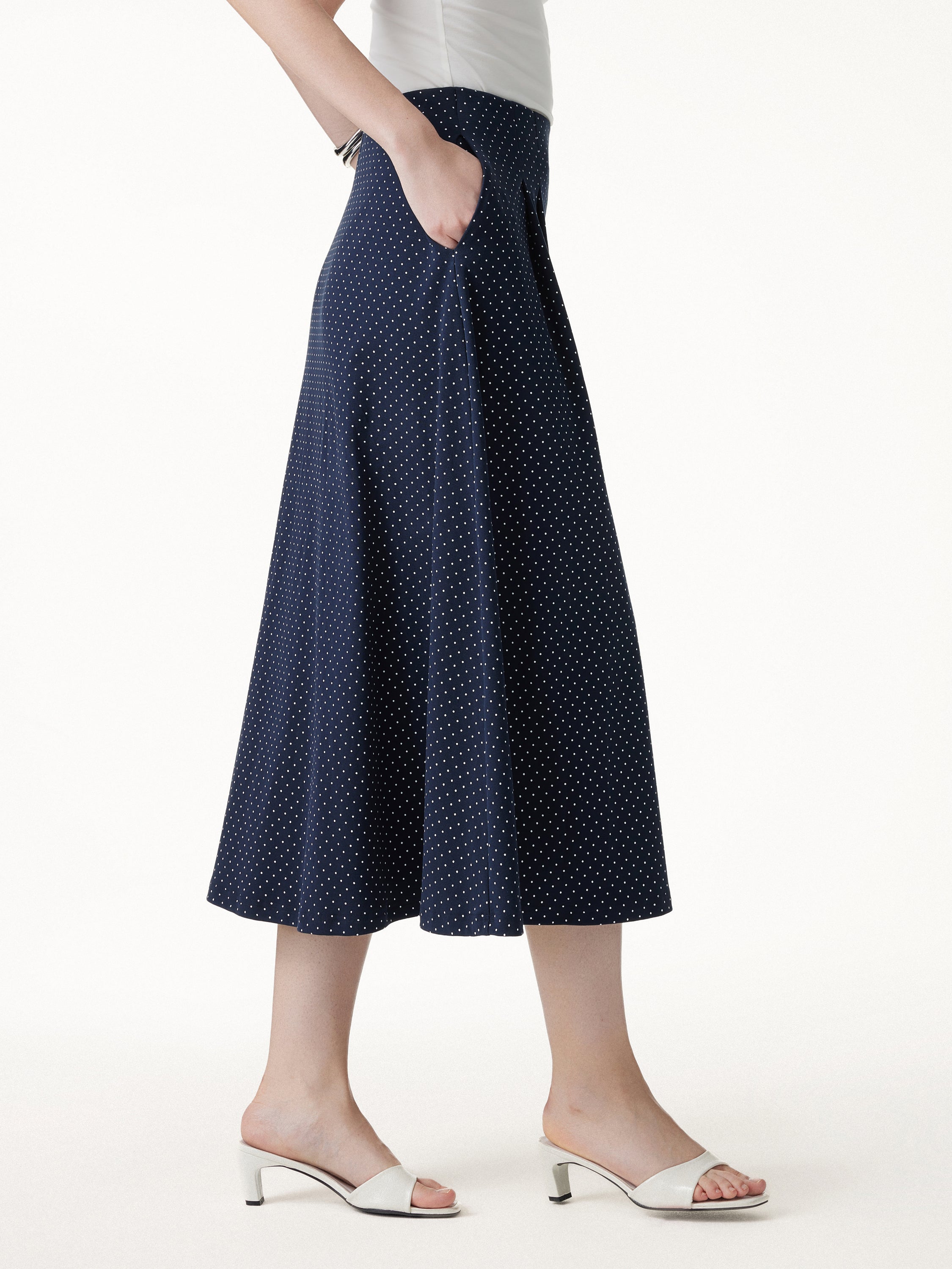 Polka Dots Flared Midi Skirt with Pockets - Navy/White Polka Dot