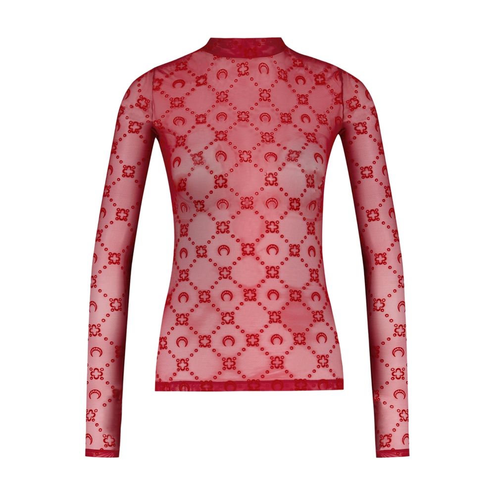 Flock Monogram Mesh Blouse — Red