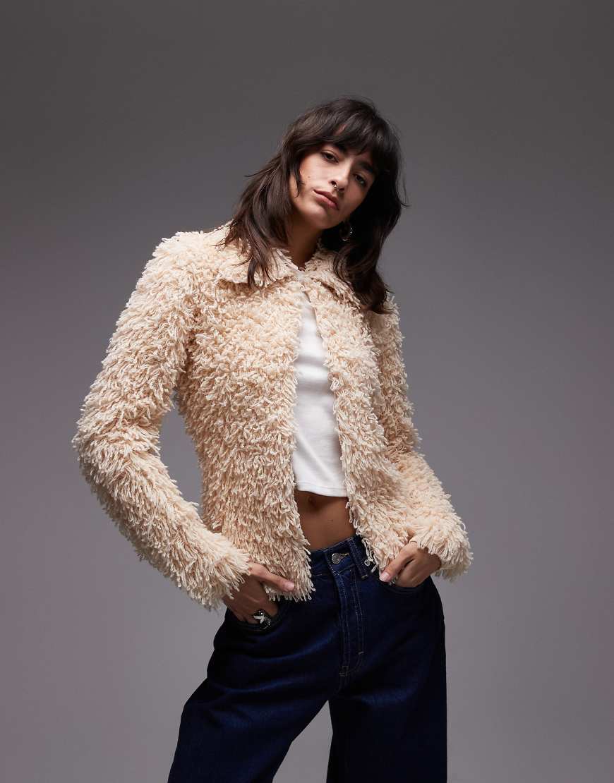& pure wool loop knit cardigan with collar in beige-Neutral