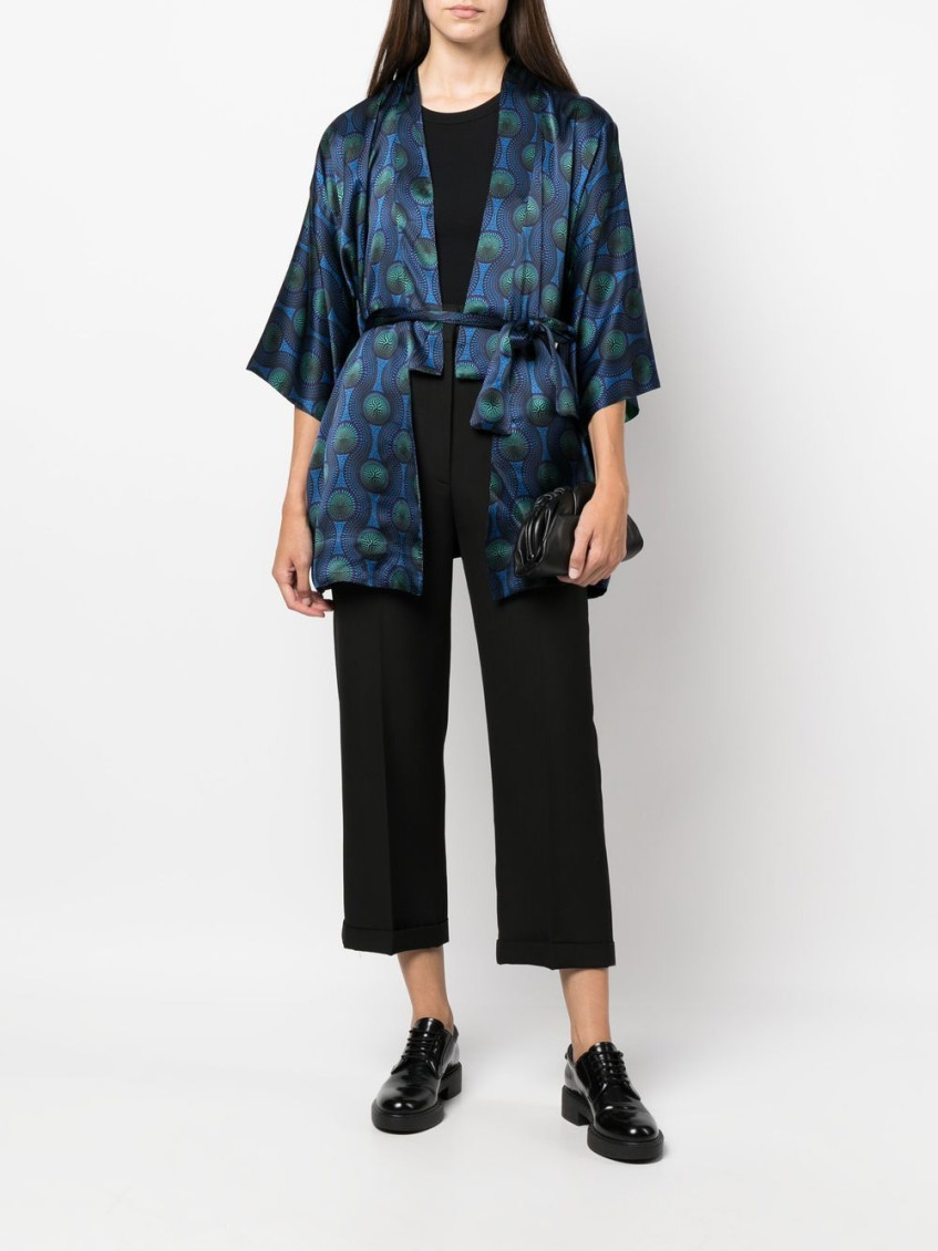- Printed Silk Short Kimono