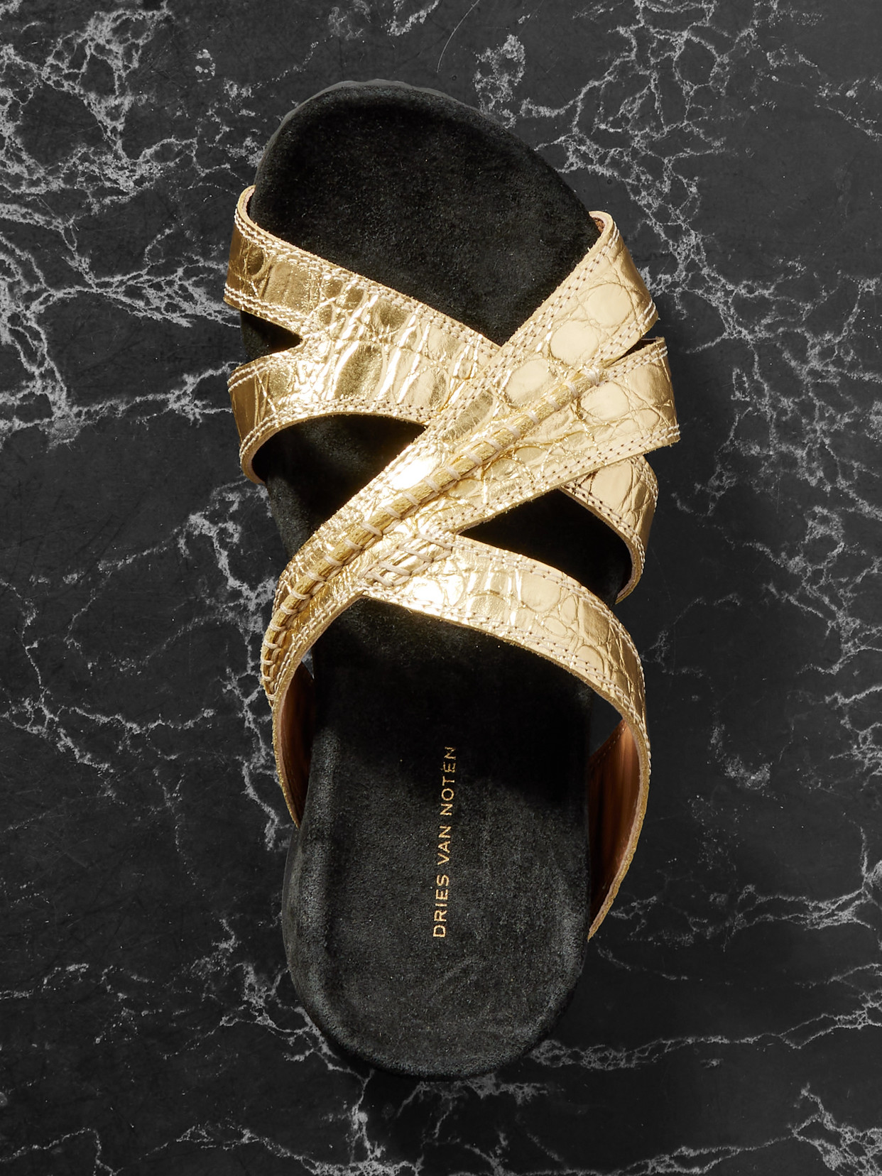 Metallic Croc-effect Leather Sandals - Gold