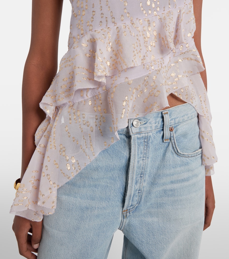 Printed ruffled asymmetric silk-blend top