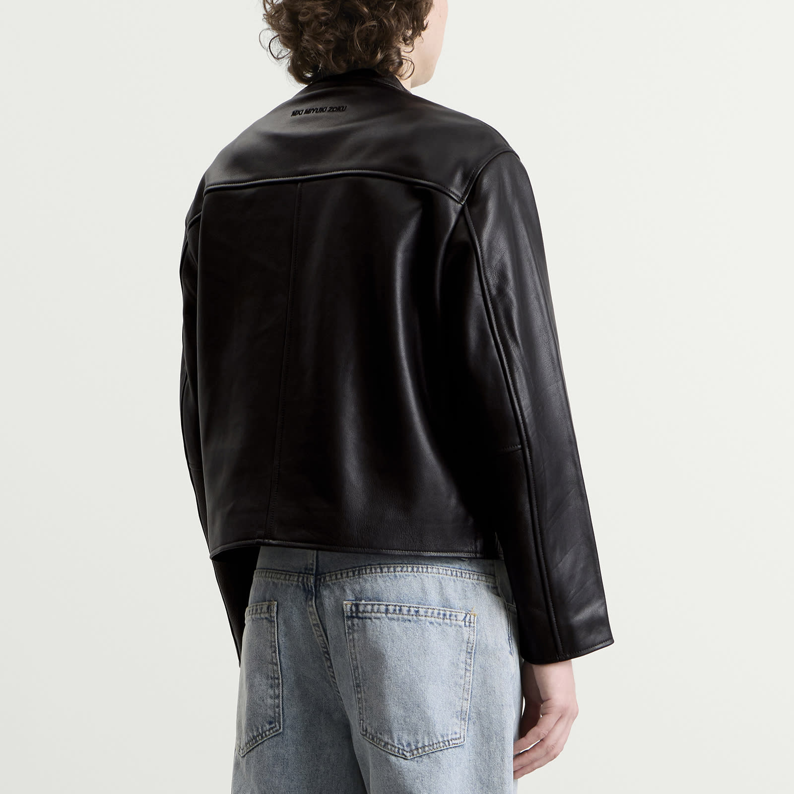 Men's Cropped Leather Racer Jacket Black