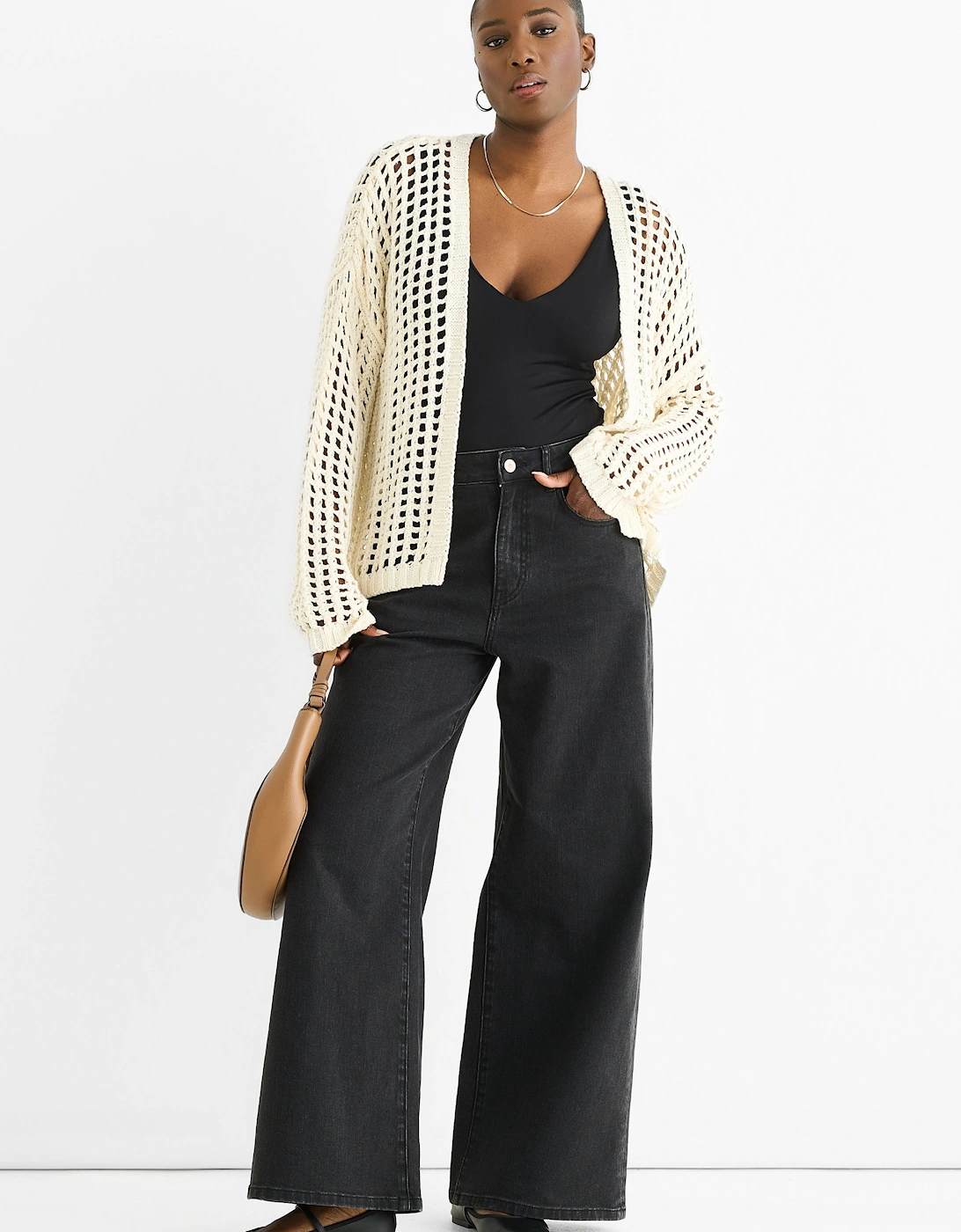 Gini London Women's Cream Open Knit Edge to Edge Cardigan