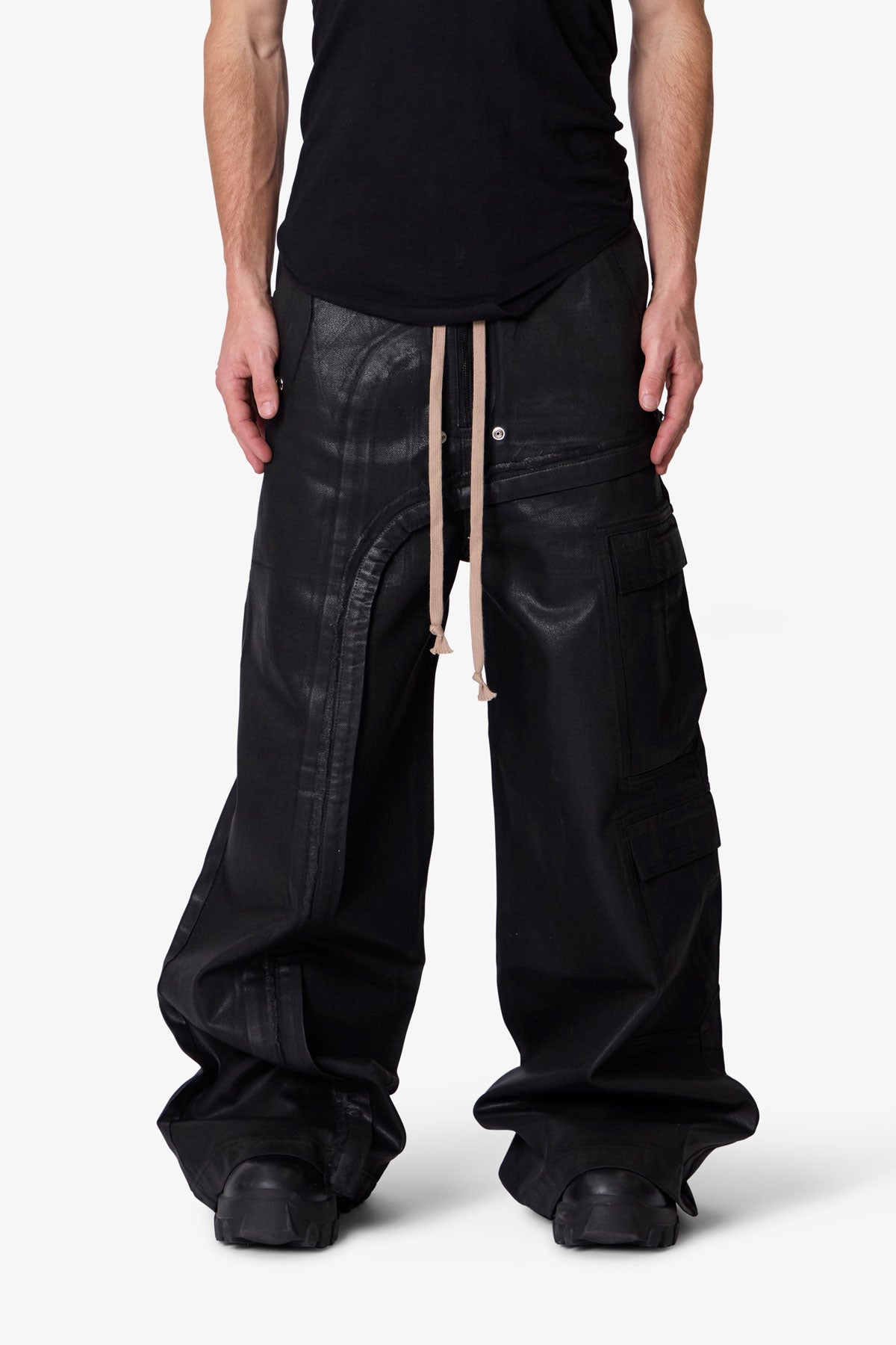 Waxed Rave Seam Cargo Pants - Black