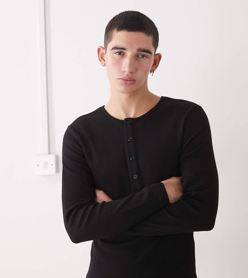 Long sleeve rib henley slim fit in black