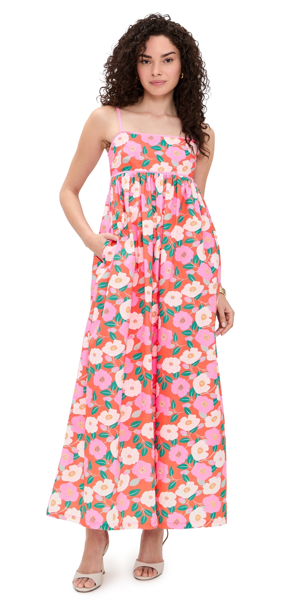 Print Empire Waist Maxi Dress Coral Orange Multi