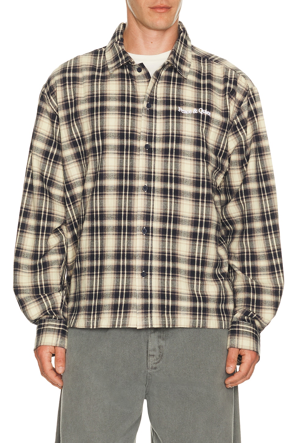 Museum of Peace and Quiet Wordmark Button Up in Blue,Beige. XS. Also in S, M, L, XL/1X