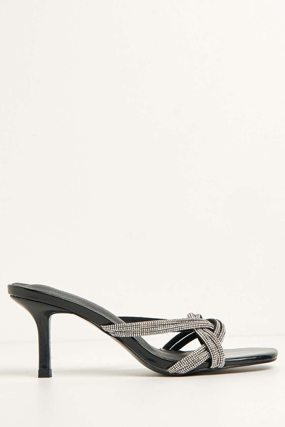 Miss Diva Lora Diamante Embellished Heeled Mules In Black