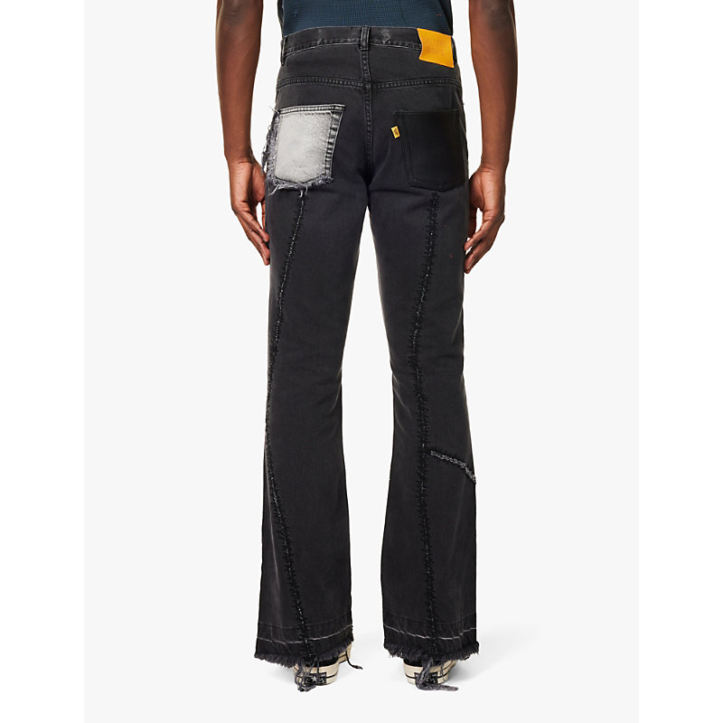 Mens Washed Black Yorke Flared-cuffs Straight-leg Regular-fit Denim Jeans