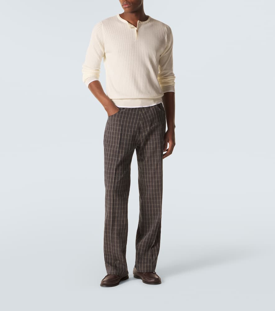 Country checked linen-blend straight pants
