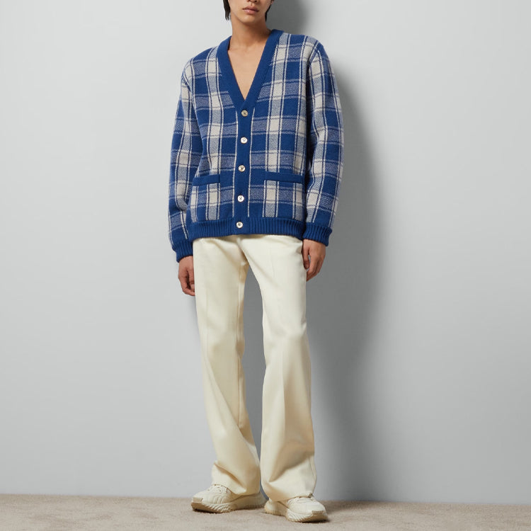 Reversible Checked Wool Cardigan 'Blue Ivory'