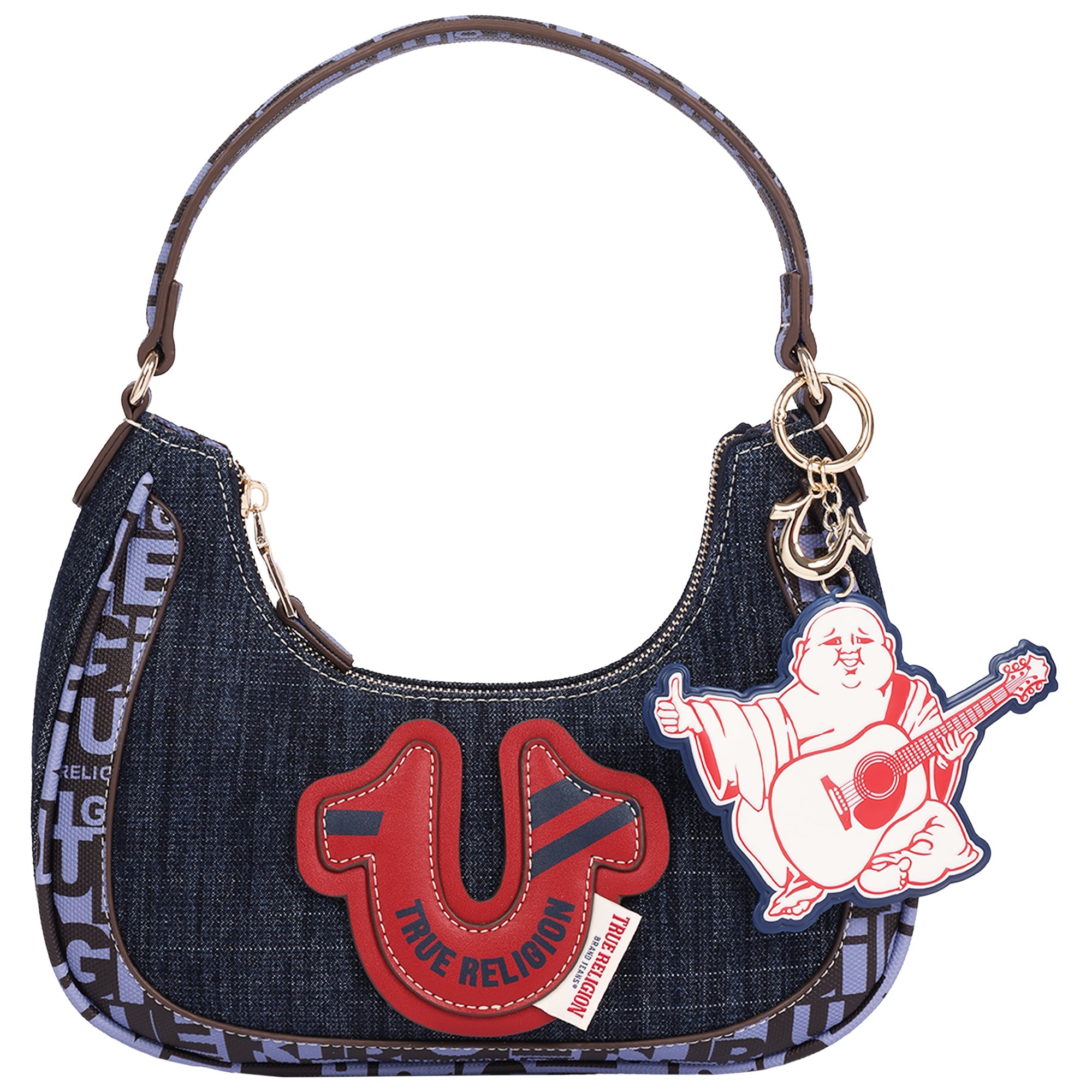 Graphic Trim Denim Hobo Bag with Buddha Charm
