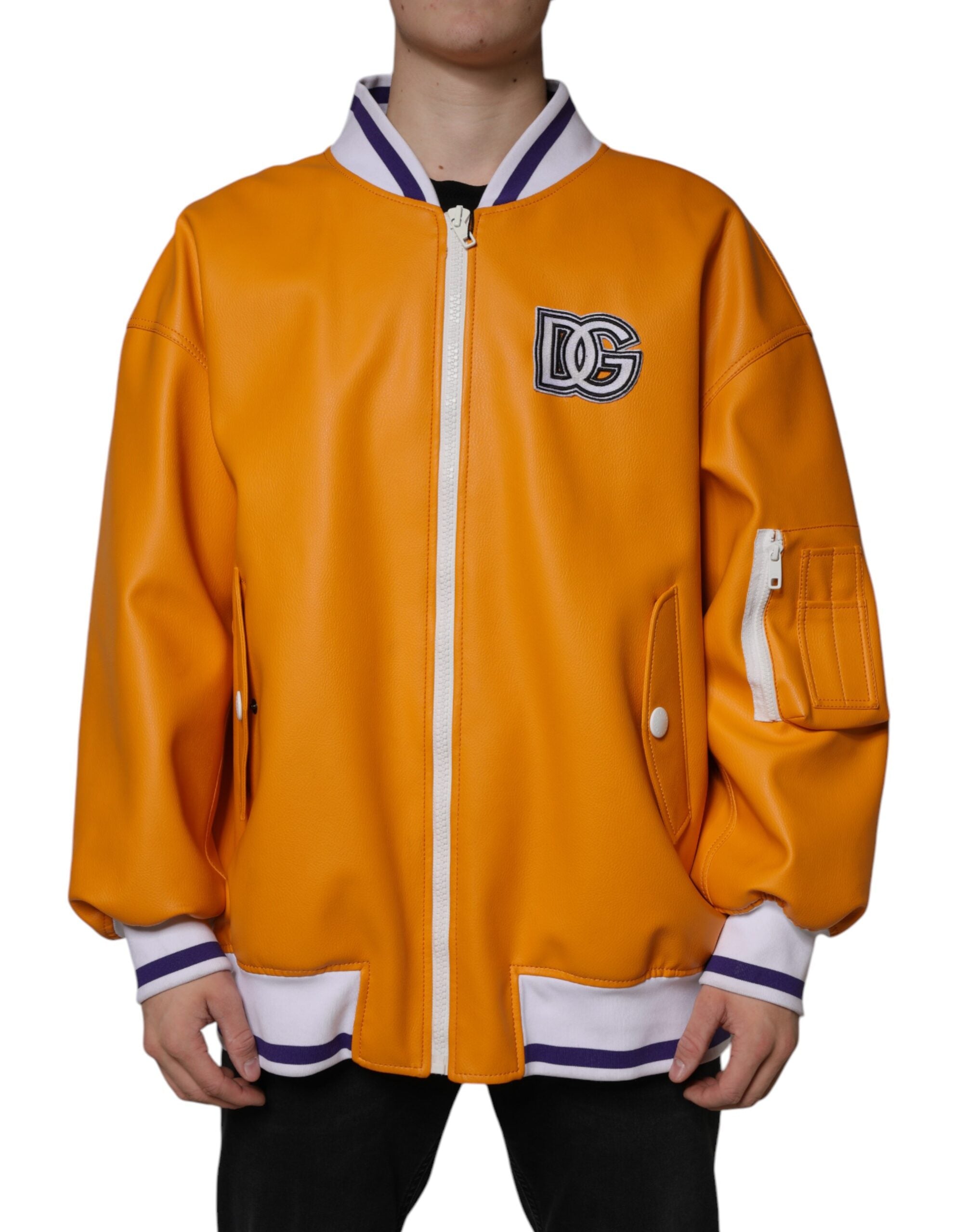 PVC and Cotton Full-Zip Bomber Jacket — Orange