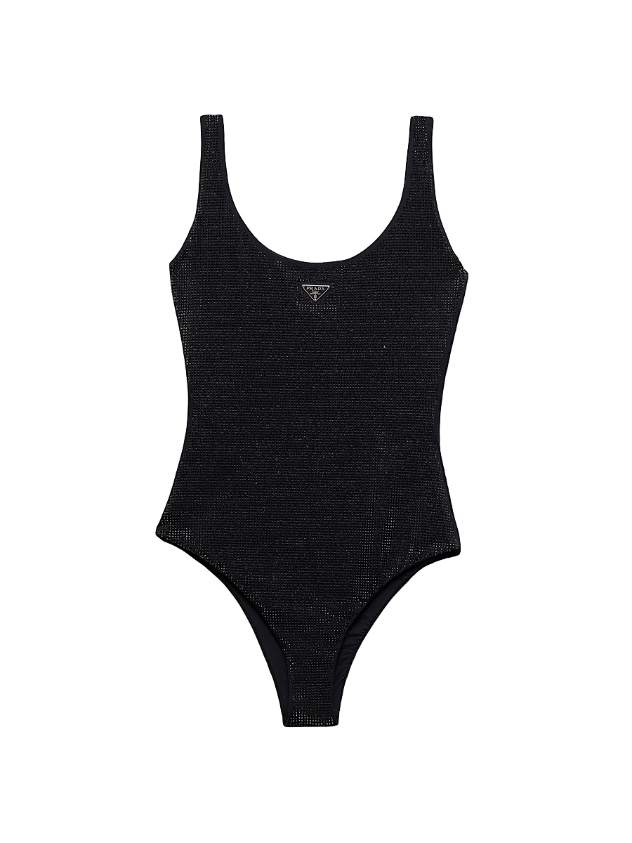Women's Jersey One-Piece Swimsuit with Rhinestones - Black