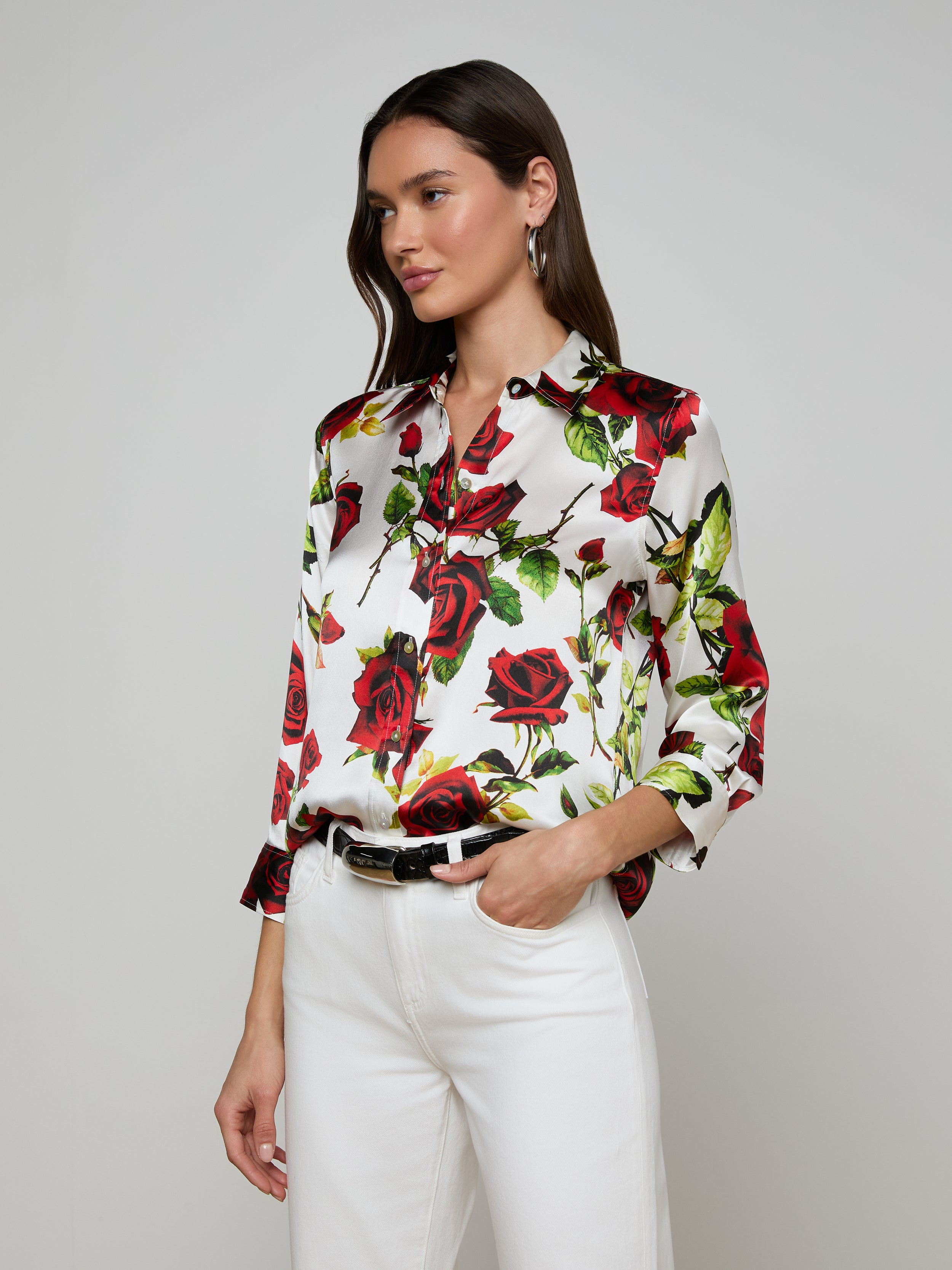 Dani Silk Blouse Top In White/red Romantic Rose