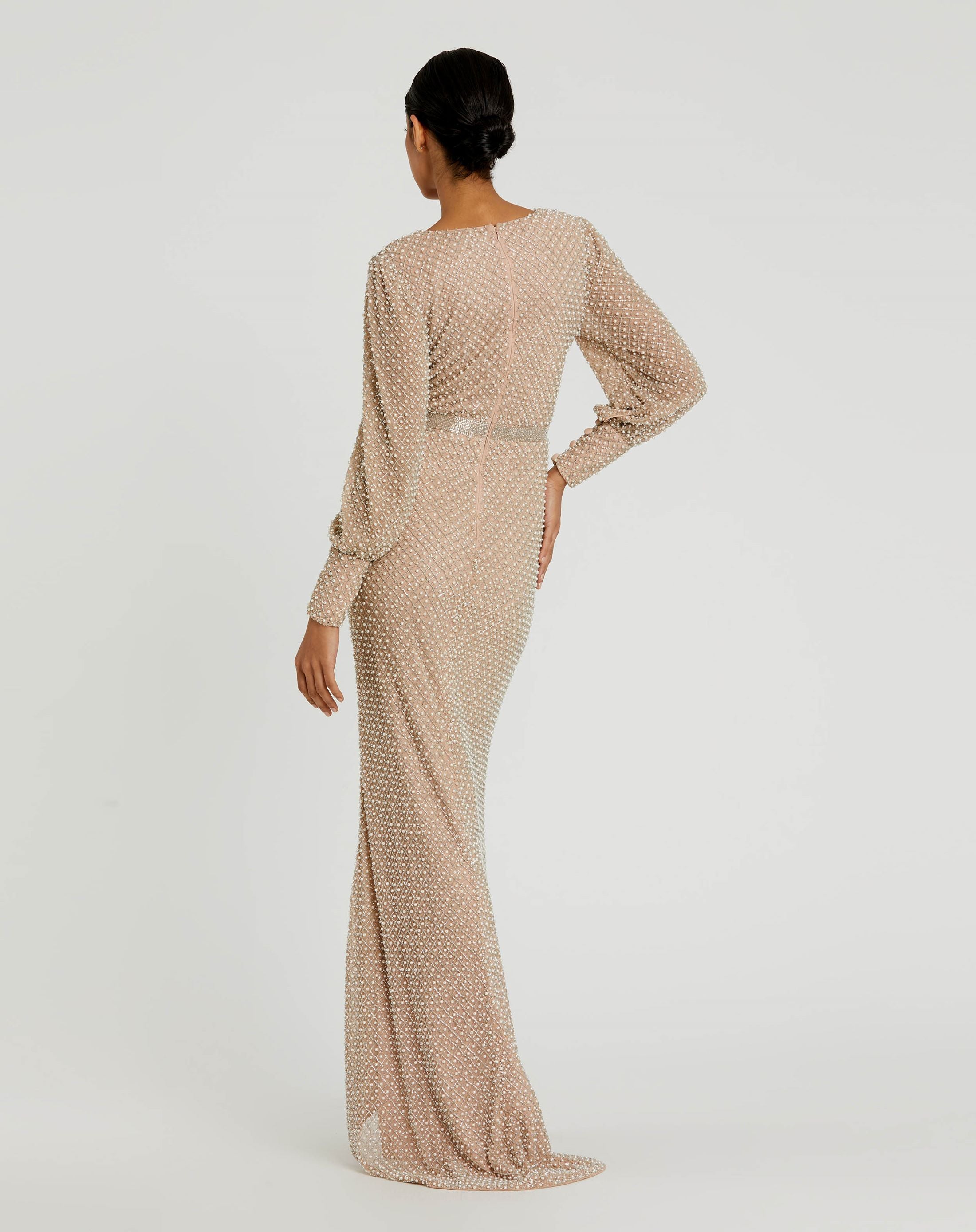 Wrap Over Bishop Sleeve Maxi Gown with White Beading Ivory Sand