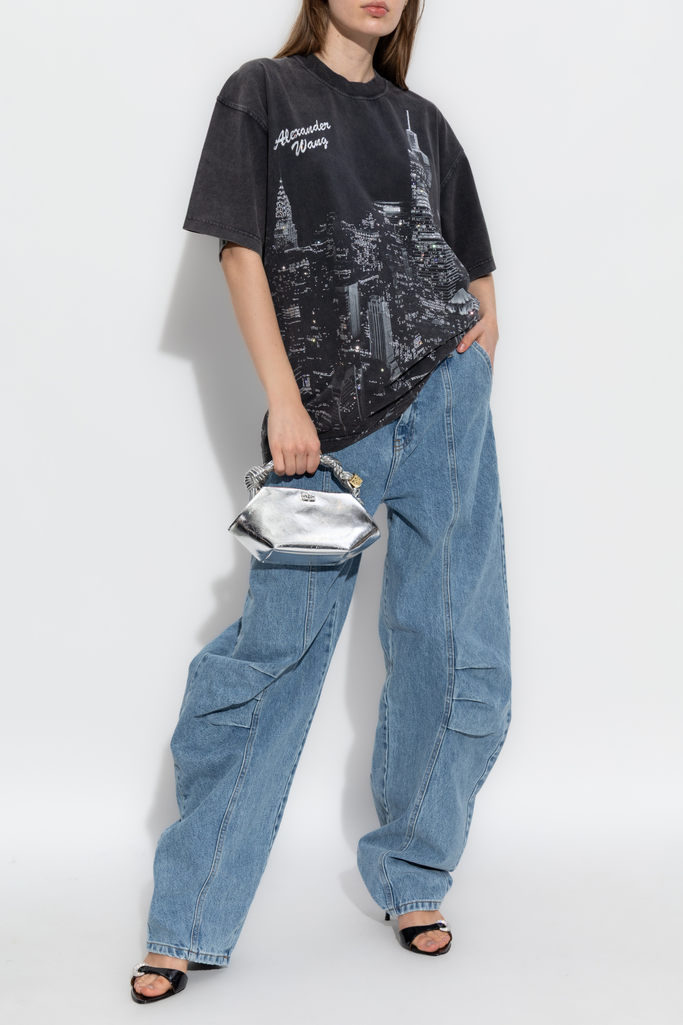 T-shirt With Print And Shimmering Appliqués, Women's, Black