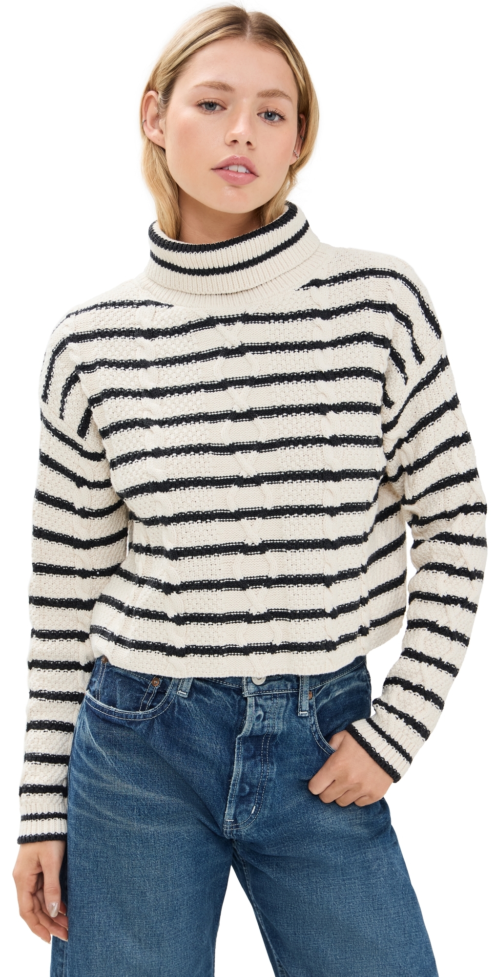 Cable Cropped Crew Sweater Stripe