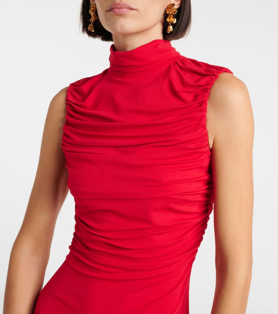Floral-appliqué ruched jersey gown