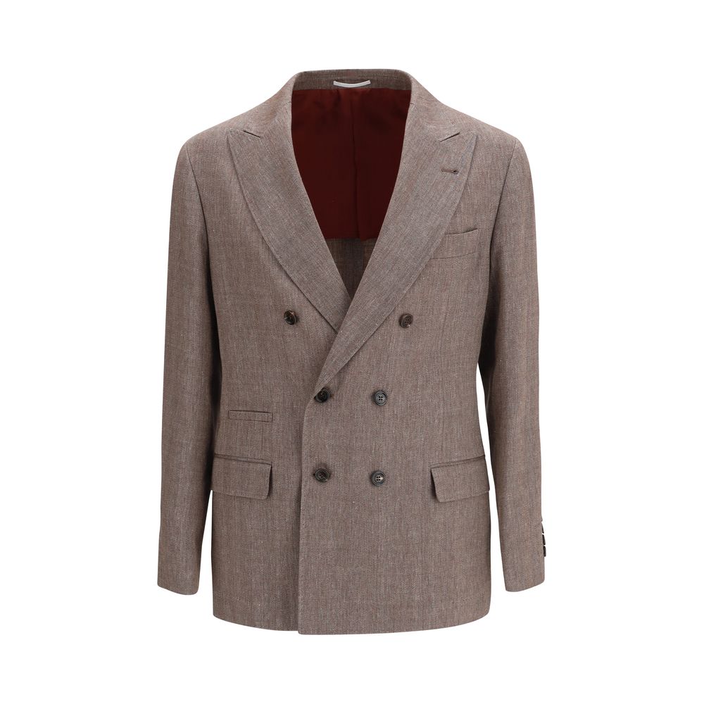Linen and Wool Double-Breasted Blazer — Brown