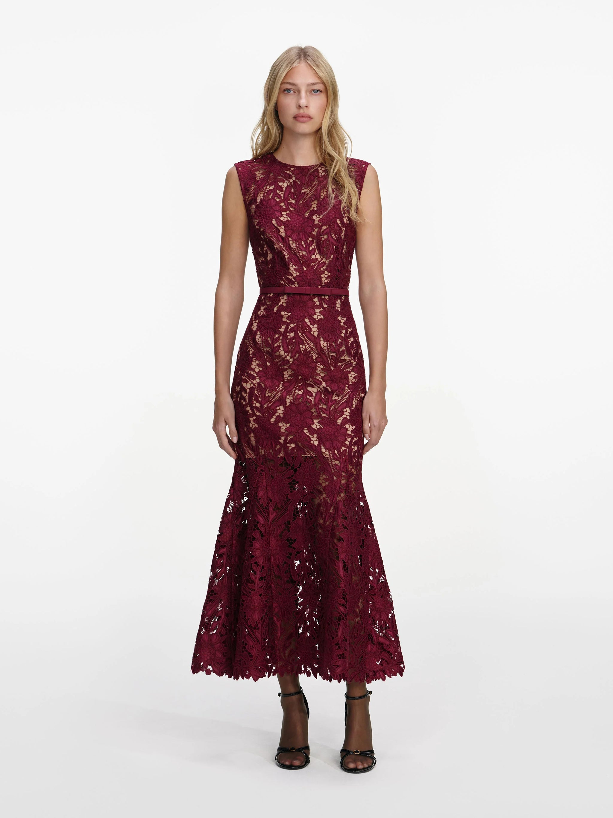 Lace Midi Dress with Removable Belt, Back Zip Closure, Fitted and Flared Silhouette (Model Wears Size 6 UK)