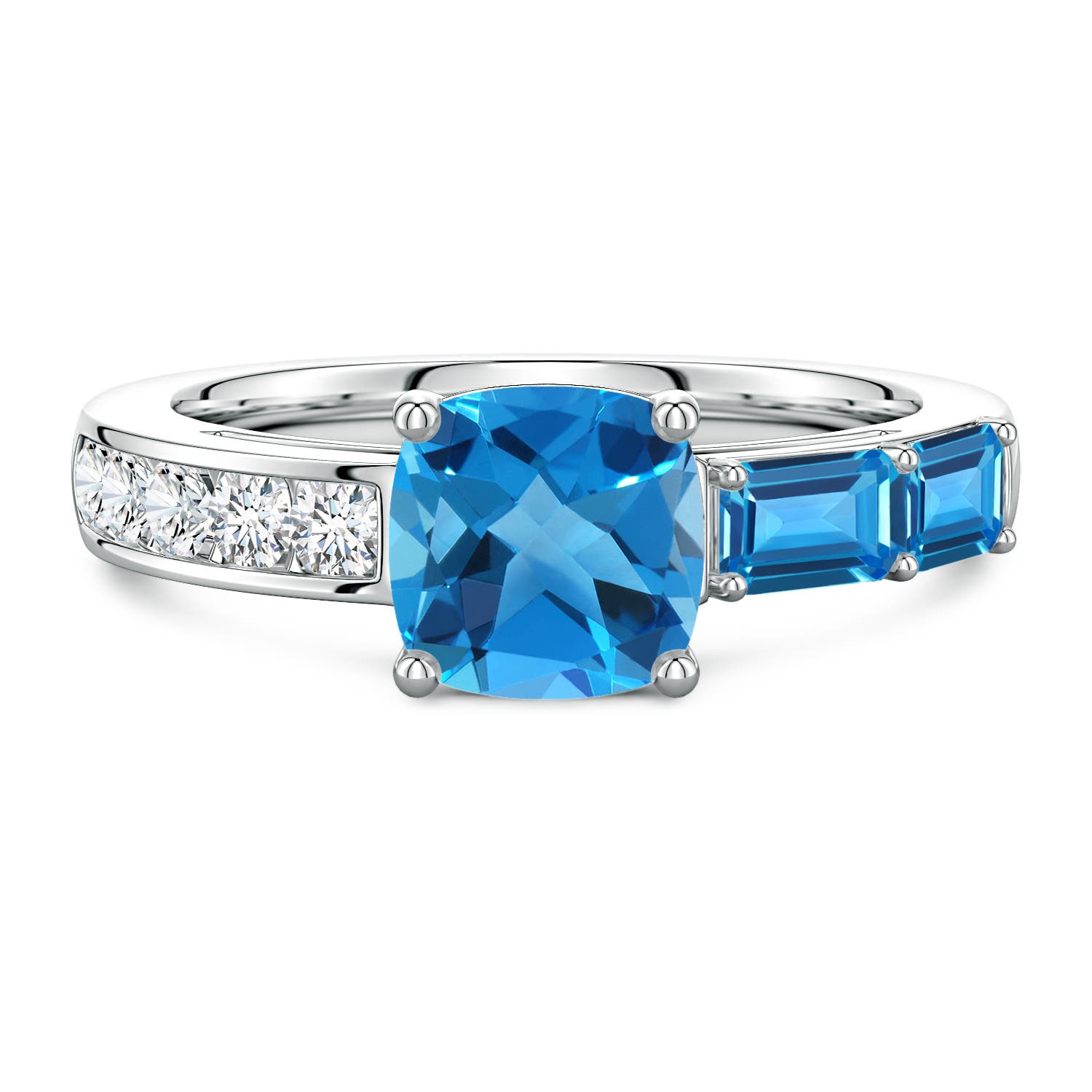 Lee Harris x Angara 2.84 CTW Cushion Swiss Blue Topaz Modern Art Deco Inspired Side Stone Ring in Platinum