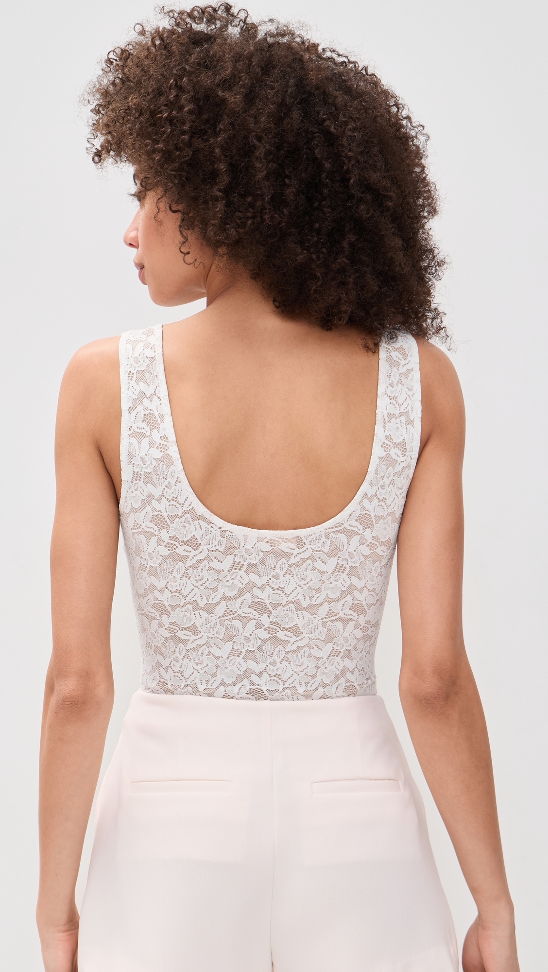 Stretch Lace Scoop Tank Bodysuit Chalk