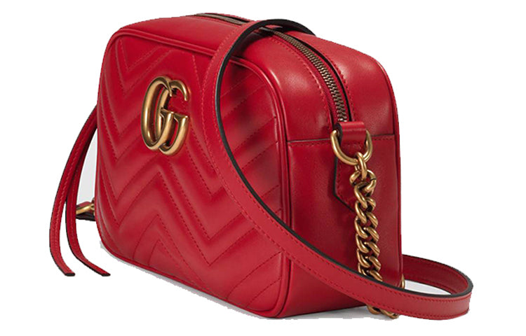 (WMNS) GG Marmont Gold Logo Leather Chain Small Red Classic Shoulder Messenger Bag