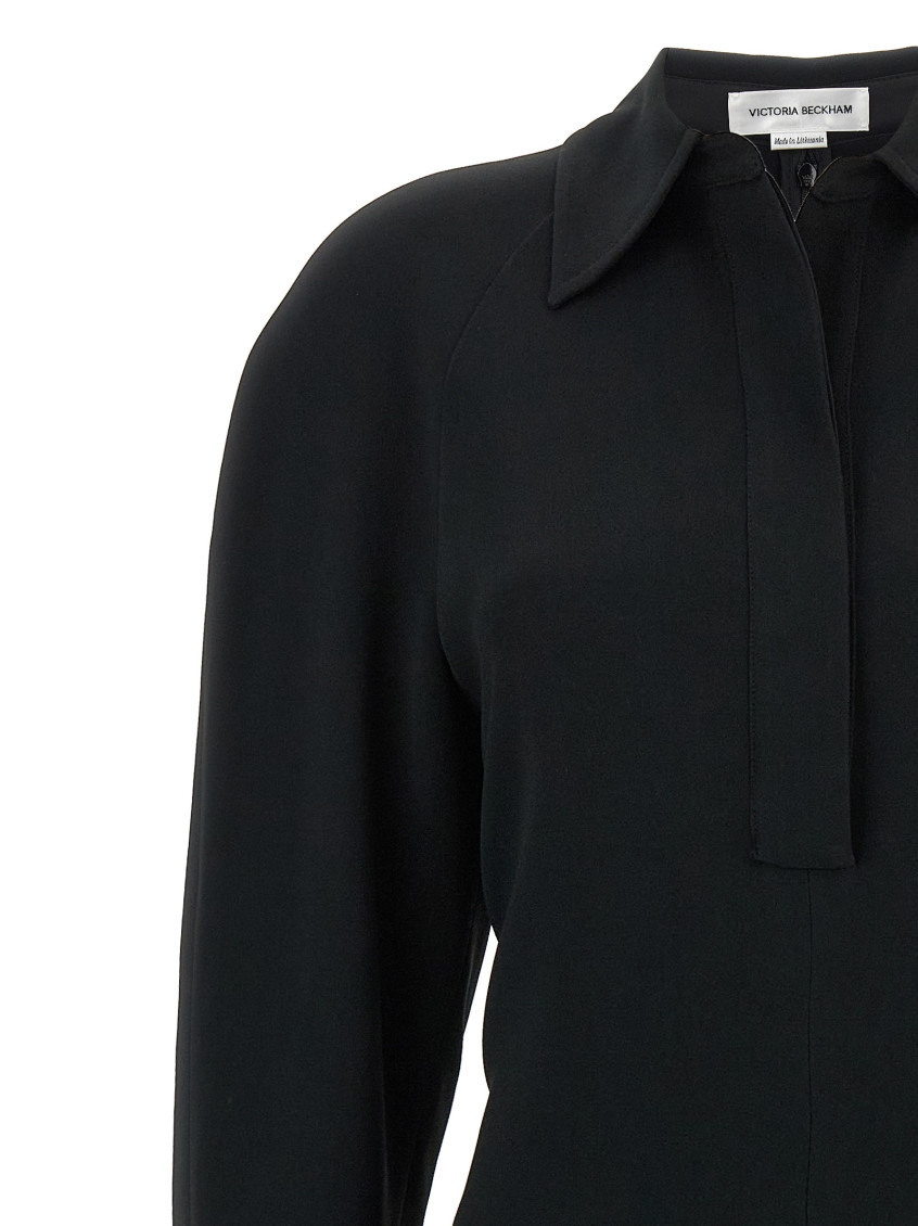 Long Sleeve Polo Collar Midi Dresses Black