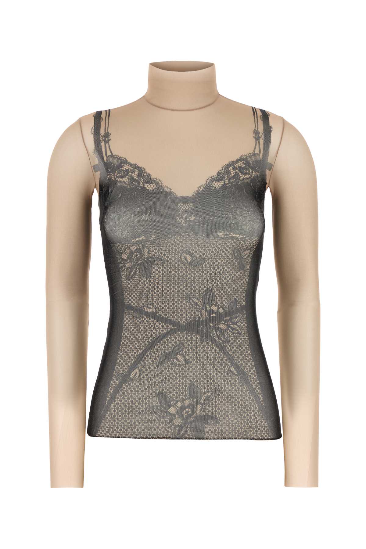 Lace-Panel Turtleneck Sweater — Beige