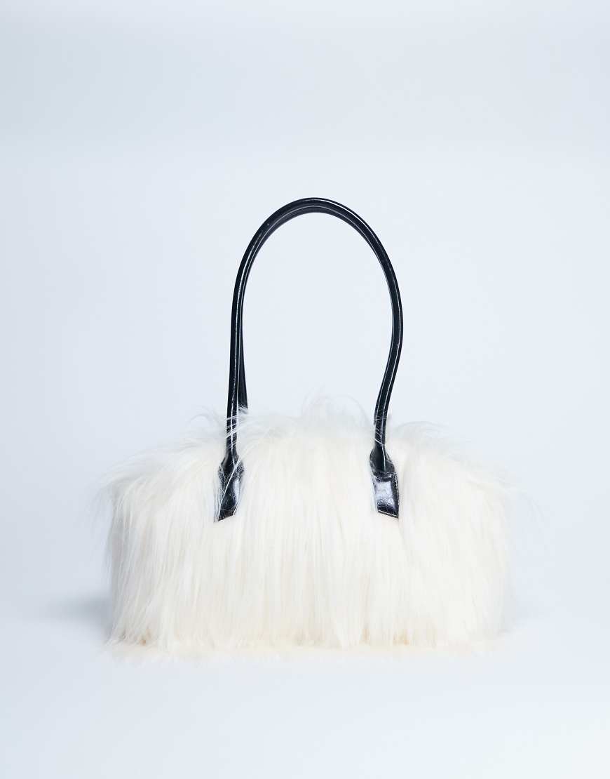 Shaggy faux fur shoulder bag in off white