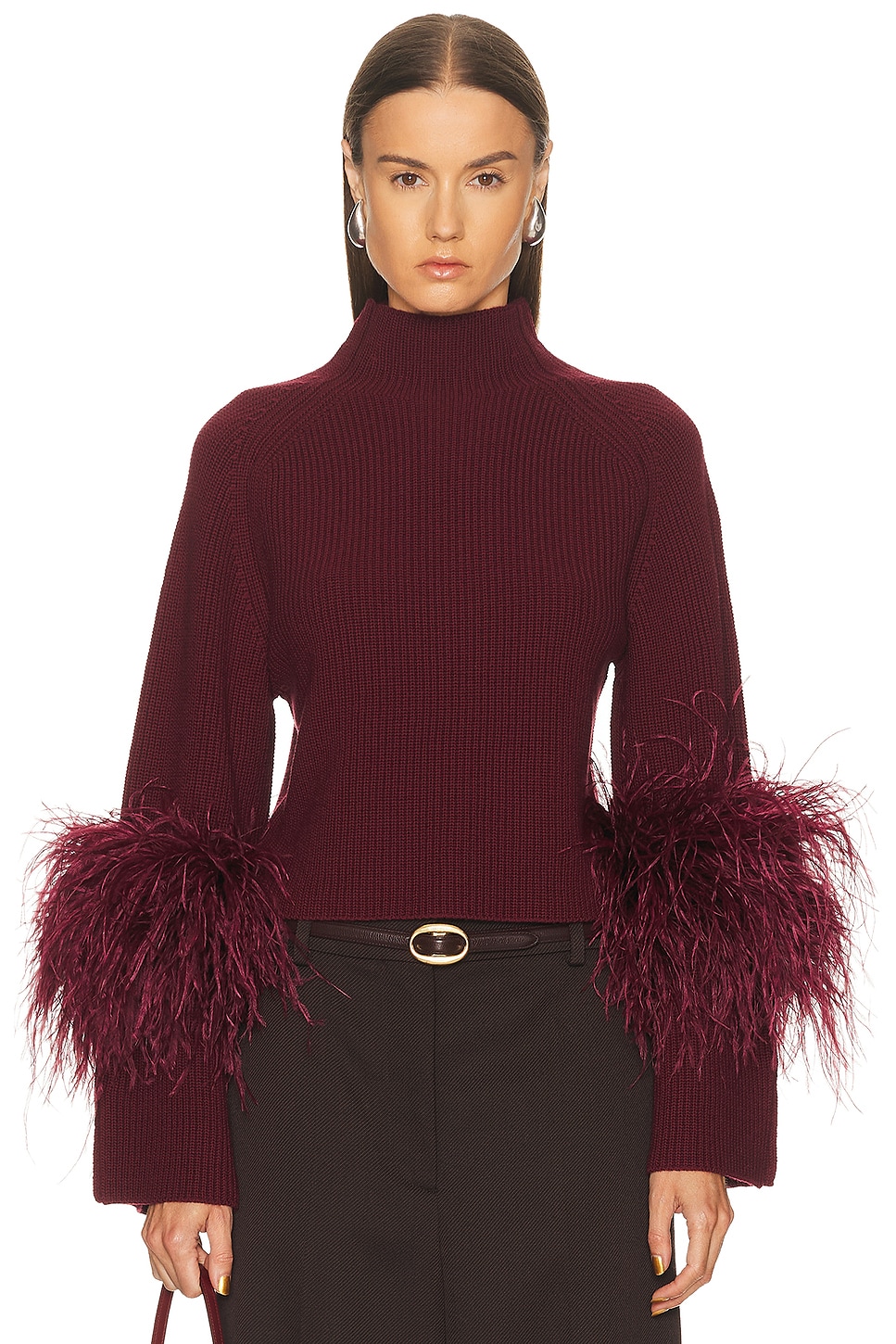 Lapointe Merino Mock Neck Classic Feather Sweater in Crimson - Burgundy. L also in