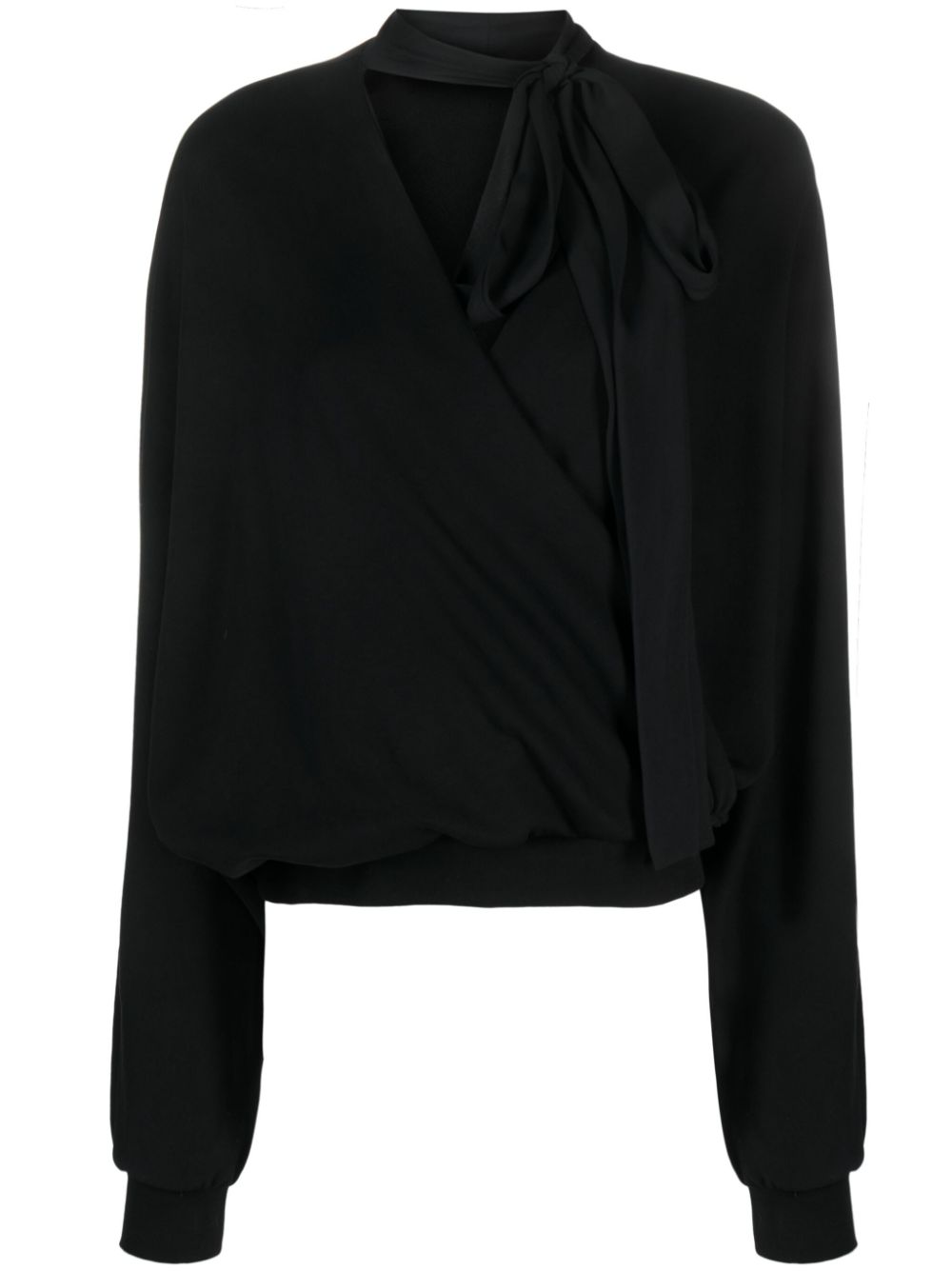 Attached-scarf wrap blouse - Black
