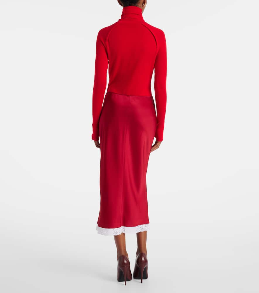 Lace-trimmed satin midi skirt