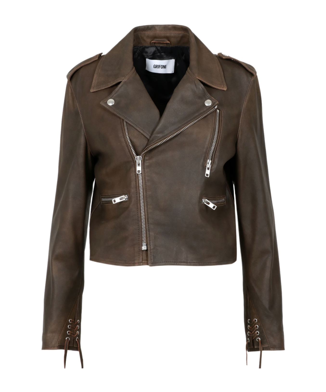 Lapel long-sleeved leather jacket
