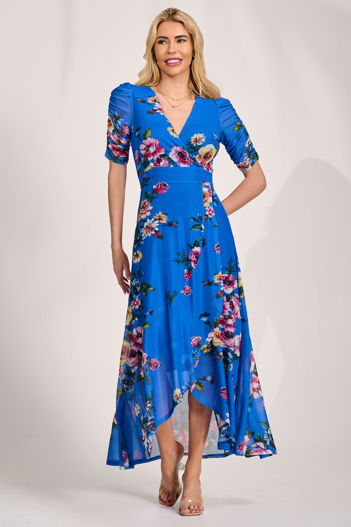 Jolie Moi Women's Ruched Sleeve Mesh Maxi Dress in Blue