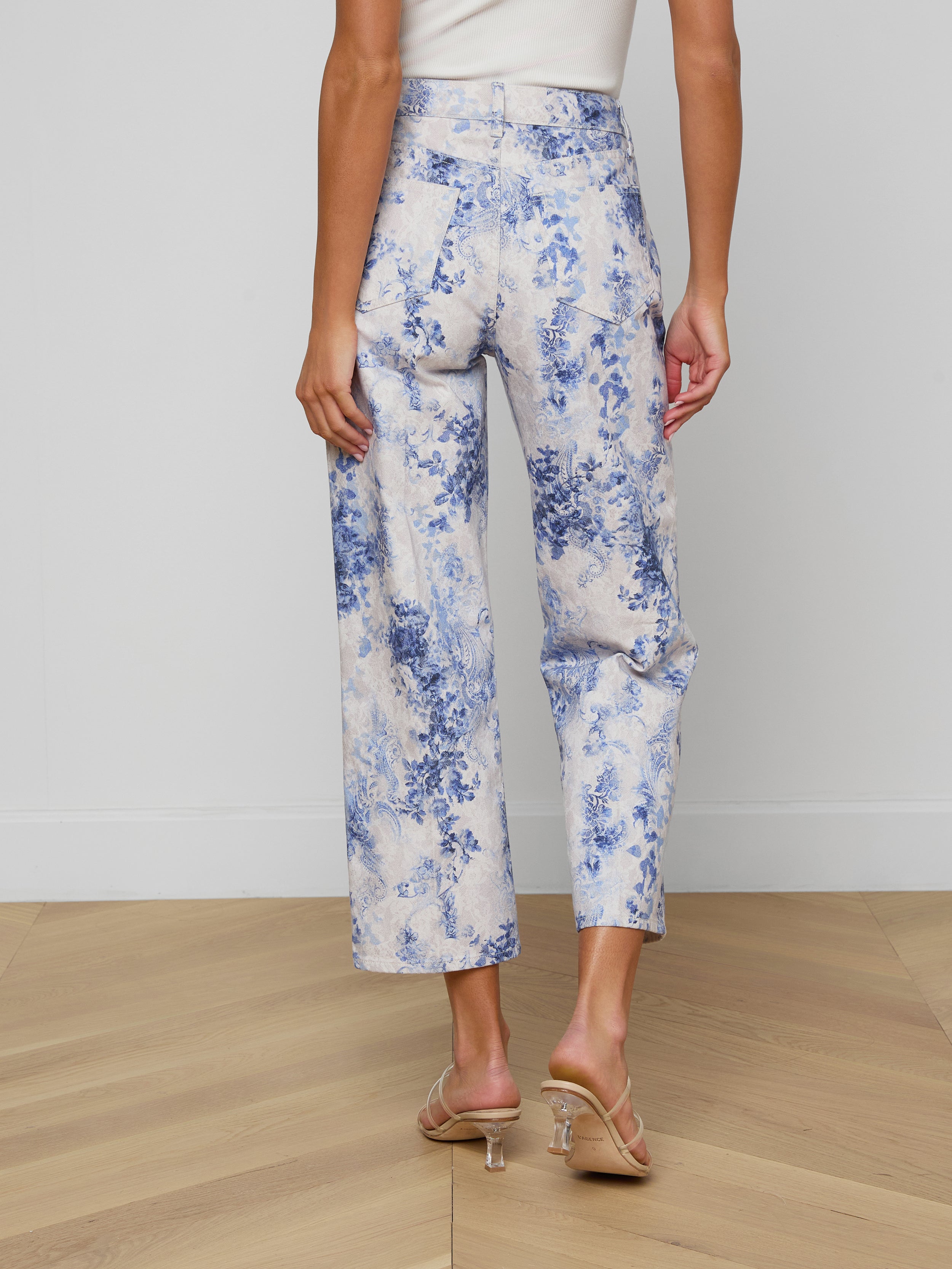 June Cropped Stovepipe Jean In Ivory/blue Watercolor Lace Paisley