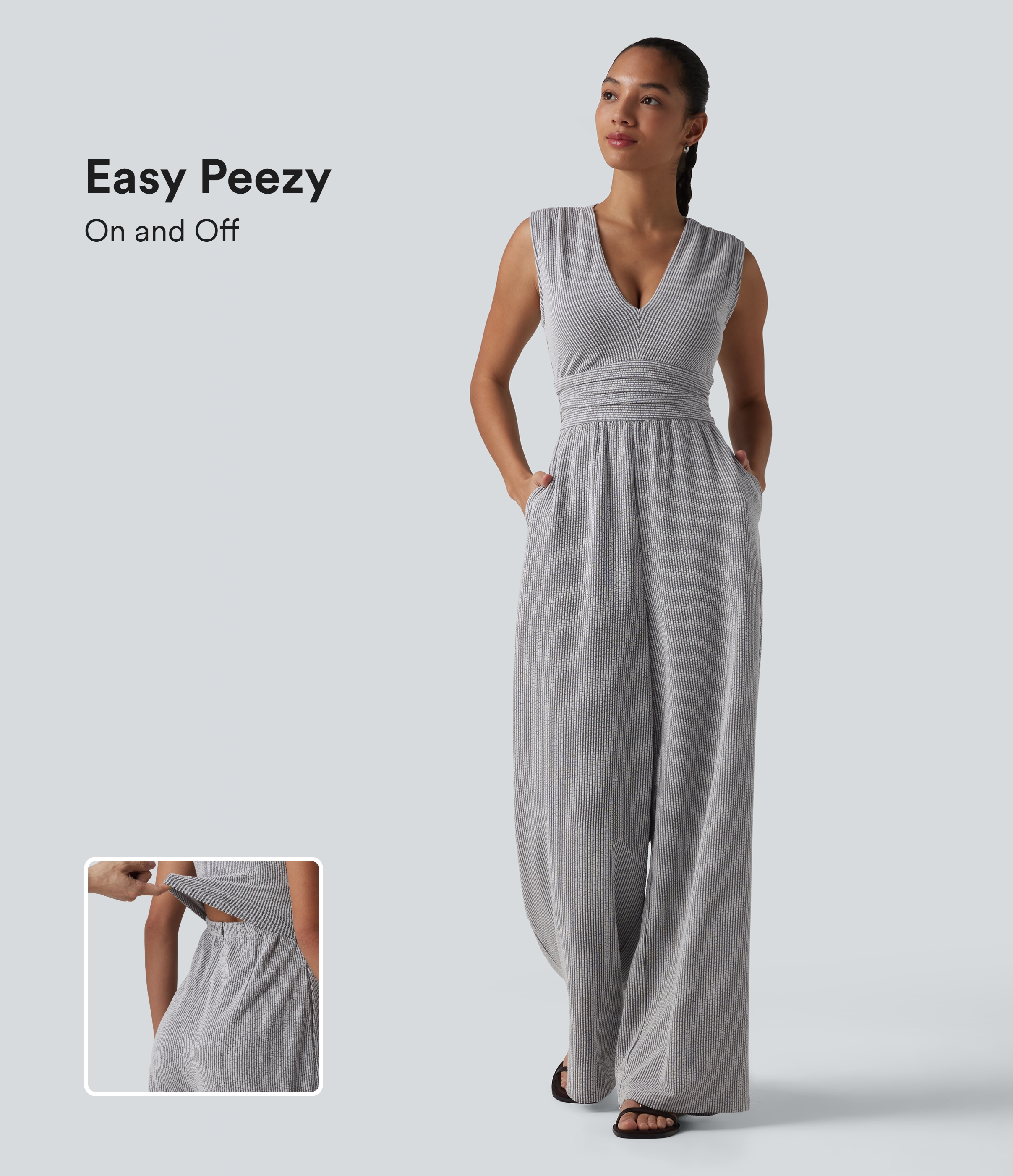 V Neck Sleeveless Built-in Bra Stripe Casual Jumpsuit with Pockets-Easy Peezy Edition  - Misty Seersucker