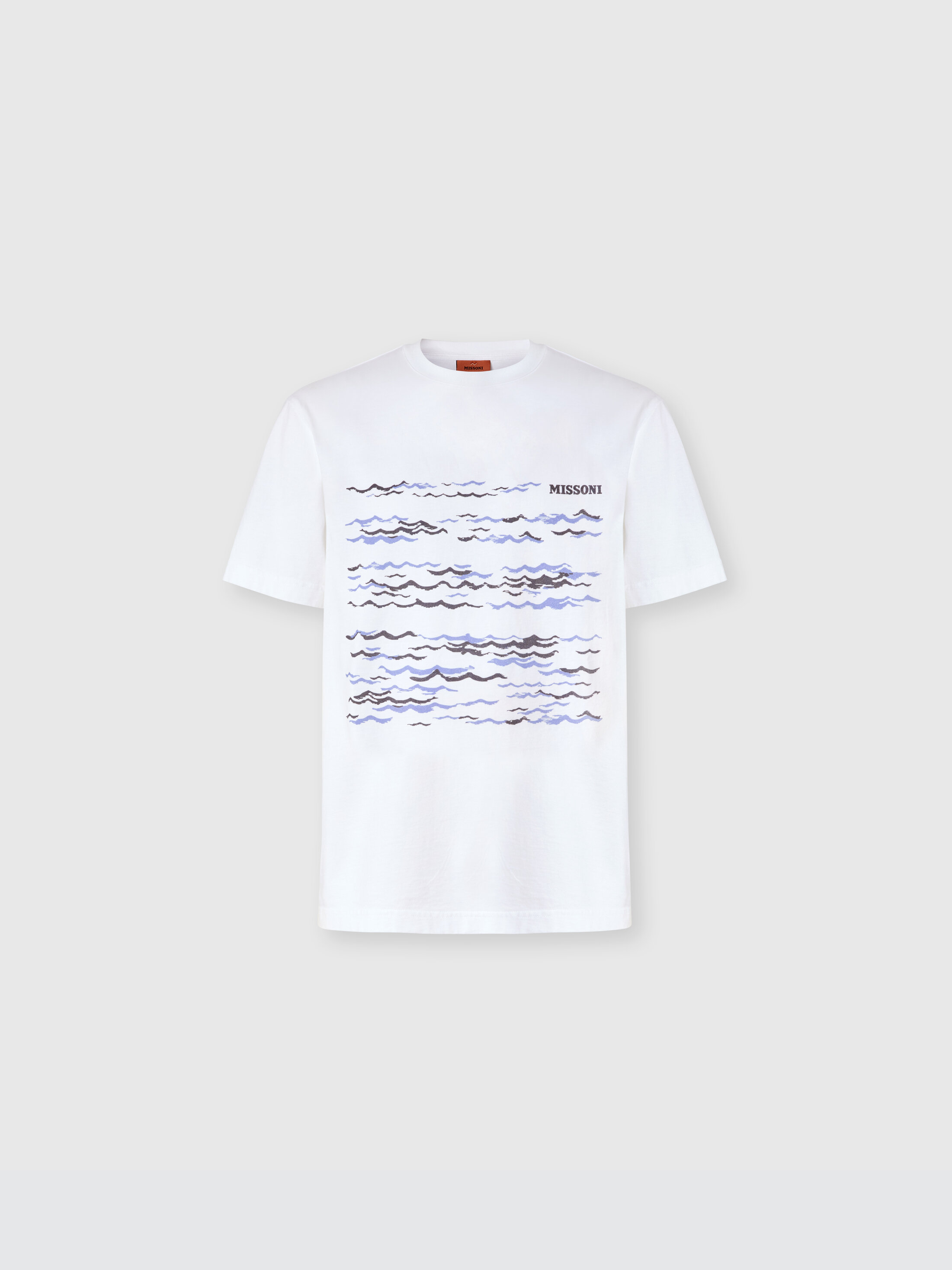 Missoni - Crew-neck cotton T-shirt with wave print and logo, Men, White & Blue