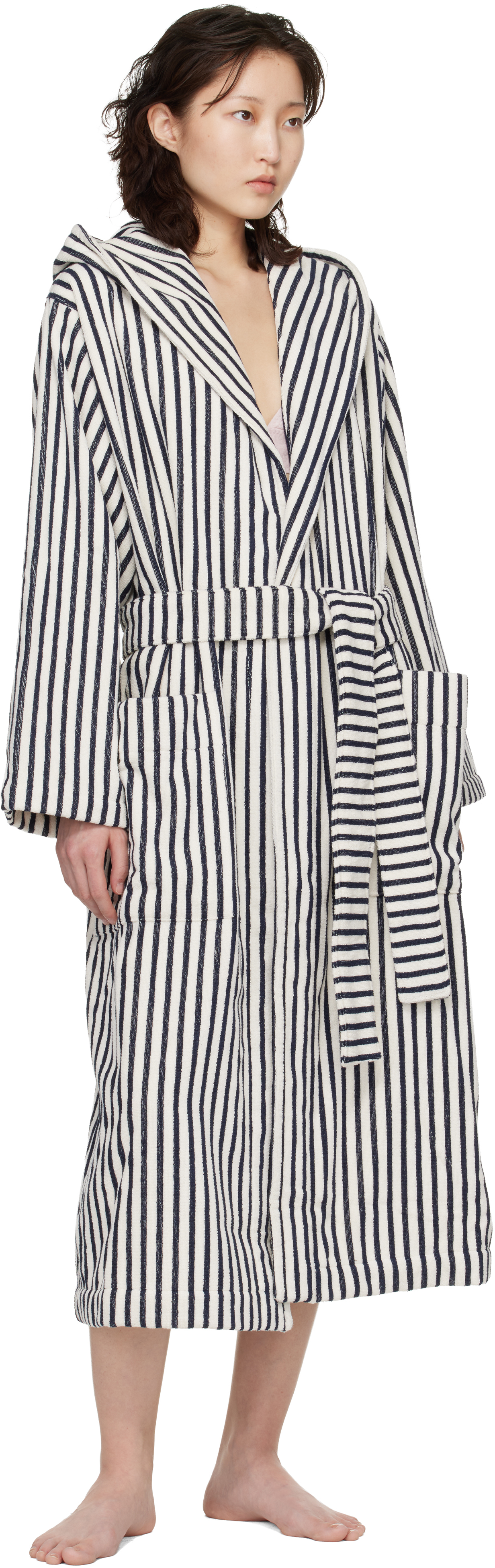 White & Navy Terry Hooded Bathrobe