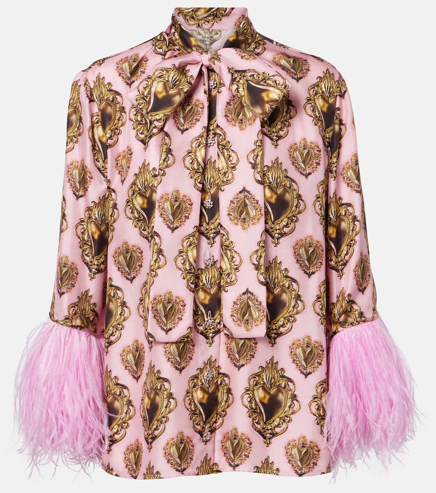 Feather-trimmed printed silk blouse