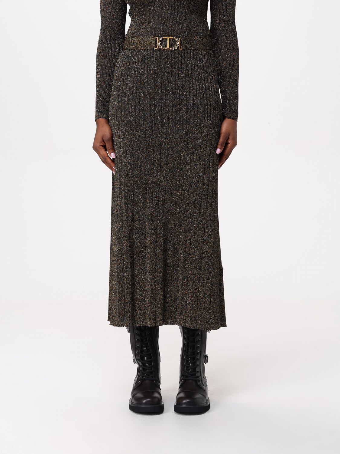 Fine-knit lurex midi skirt - Gold