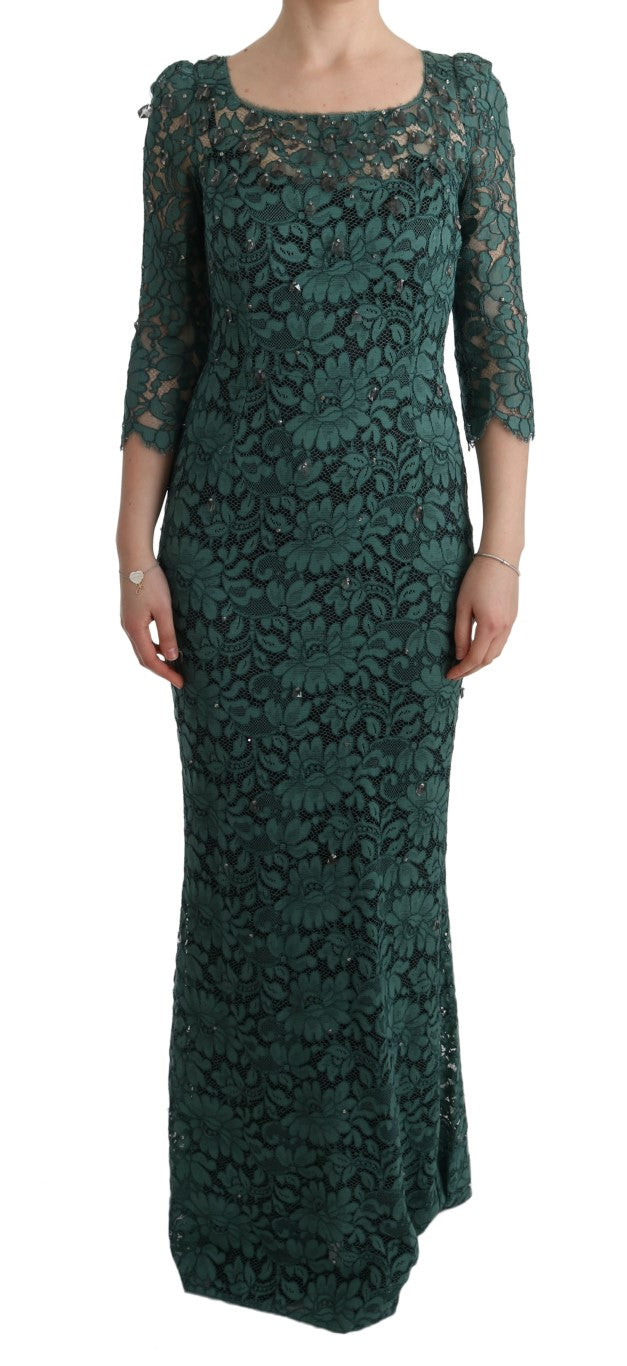 Floral Lace Crystal-Embellished Dress — Green
