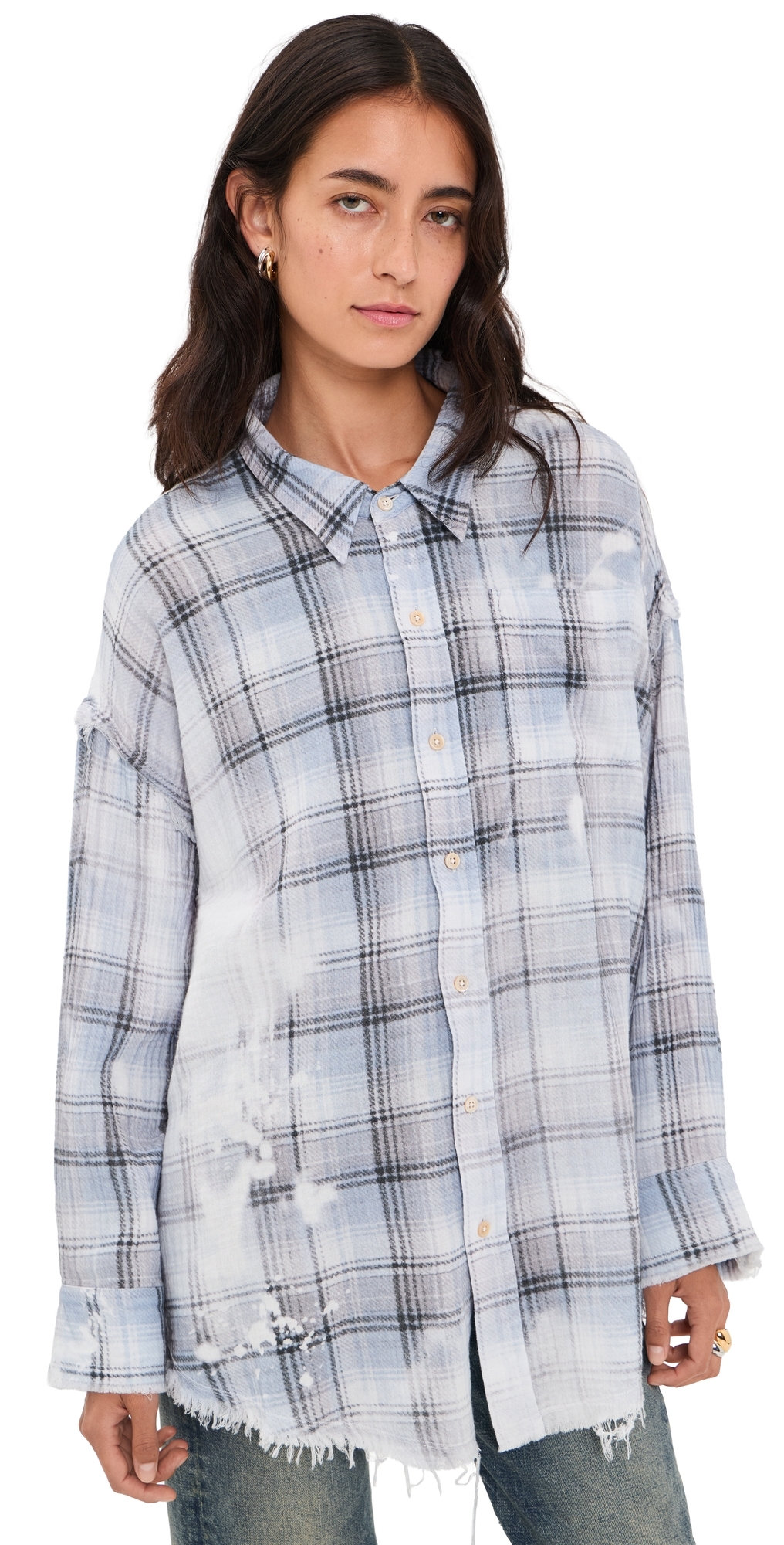 Shredded Seam Button Down Shirt Blue Bleached Plaid